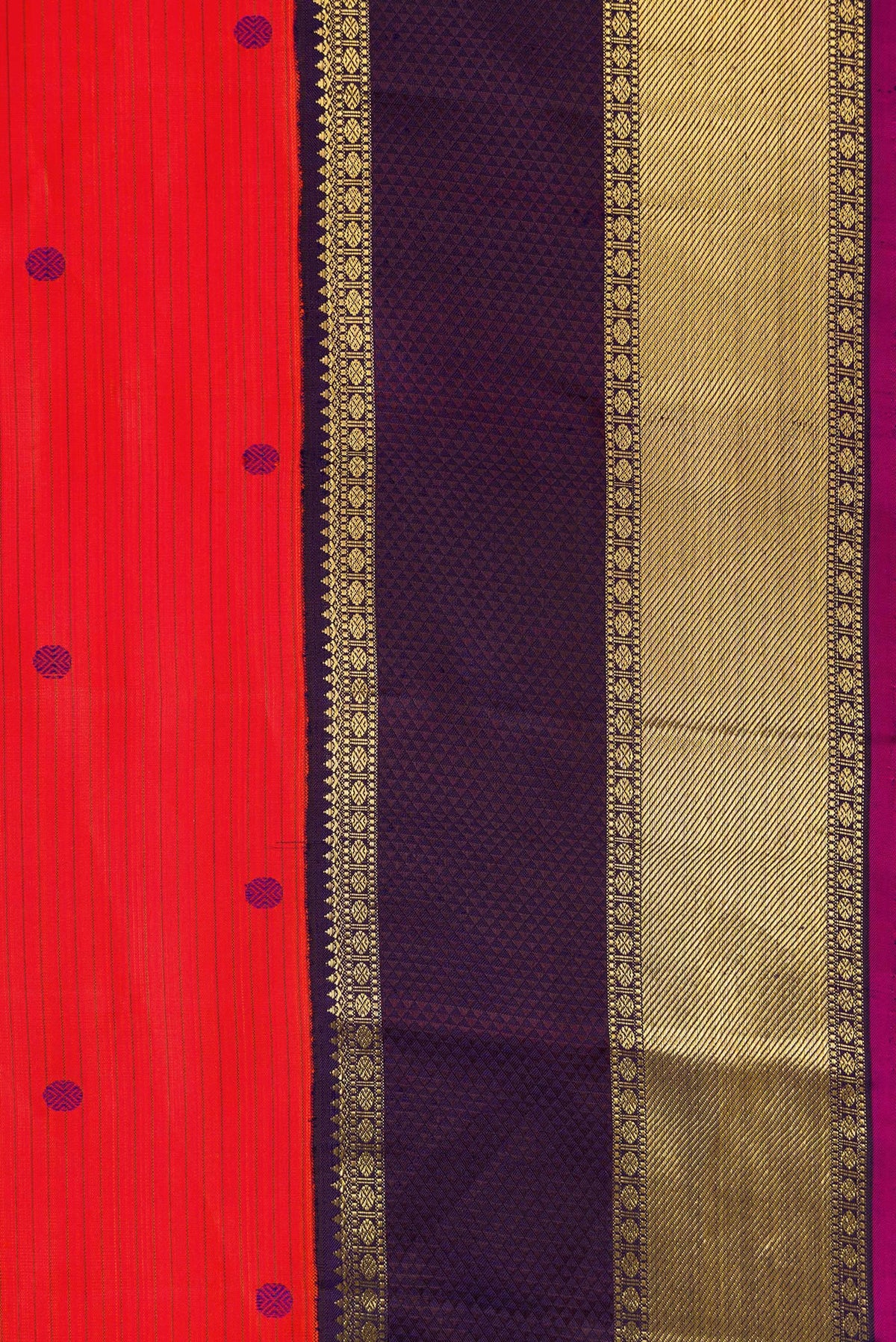 Border image of Pure Silk Pure Zari Orange Dual Tone Kanjivaram Saree with Thread Butta on the body and Zari Border. 