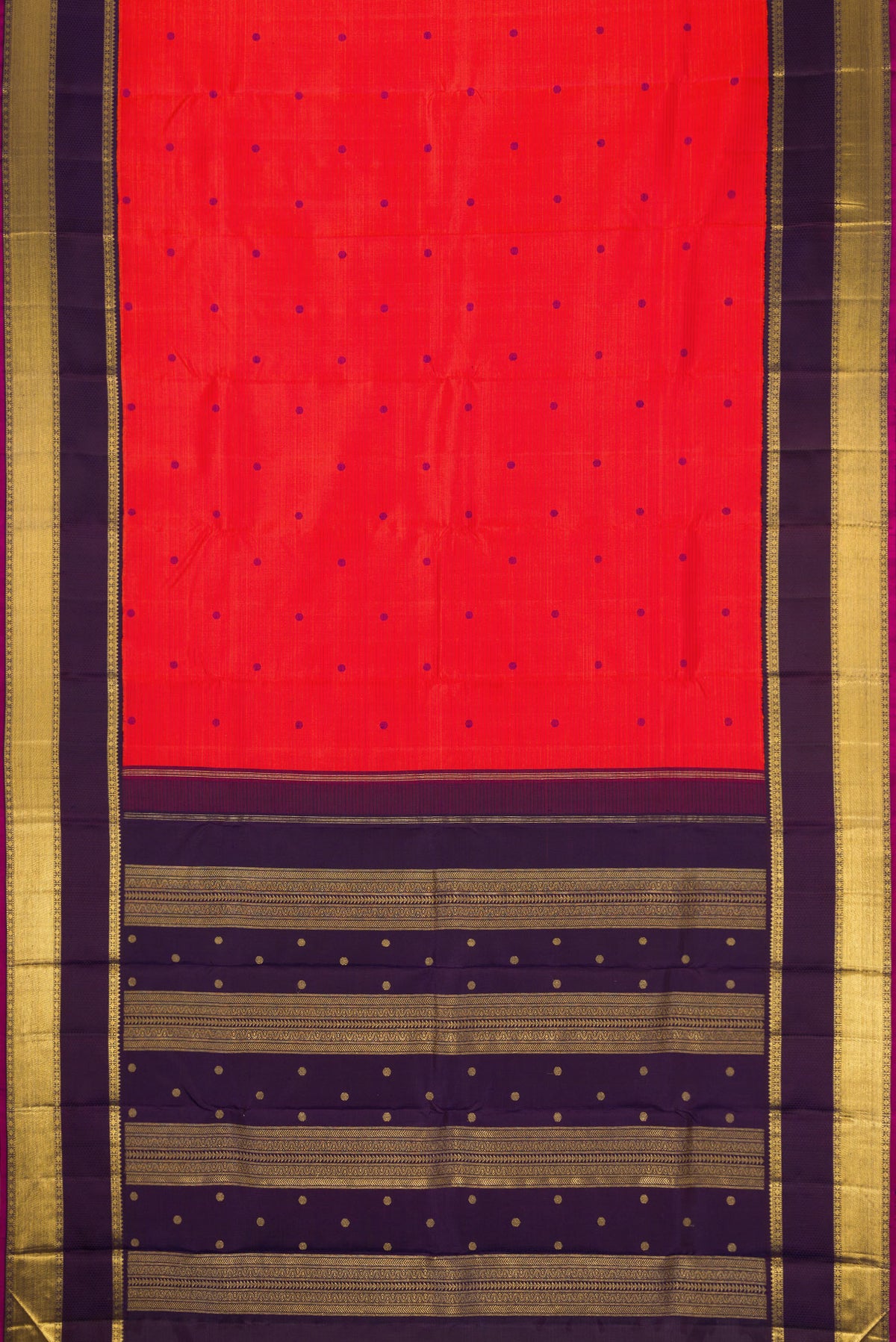 Flat view of Pure Silk Pure Zari Orange Dual Tone Kanjivaram Saree with Thread Butta on the body and Zari Border. 