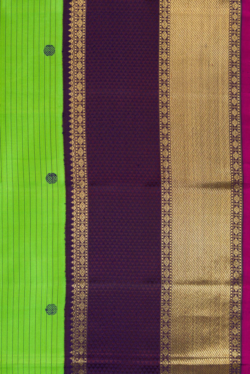 Border image of Pure Silk Pure Zari Parrot Green Dual Tone Kanjivaram Saree with Stripes on the body and Zari And Thread Border. 