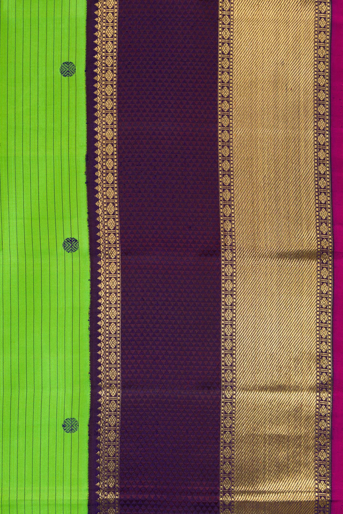 Border image of Pure Silk Pure Zari Parrot Green Dual Tone Kanjivaram Saree with Stripes on the body and Zari And Thread Border. 