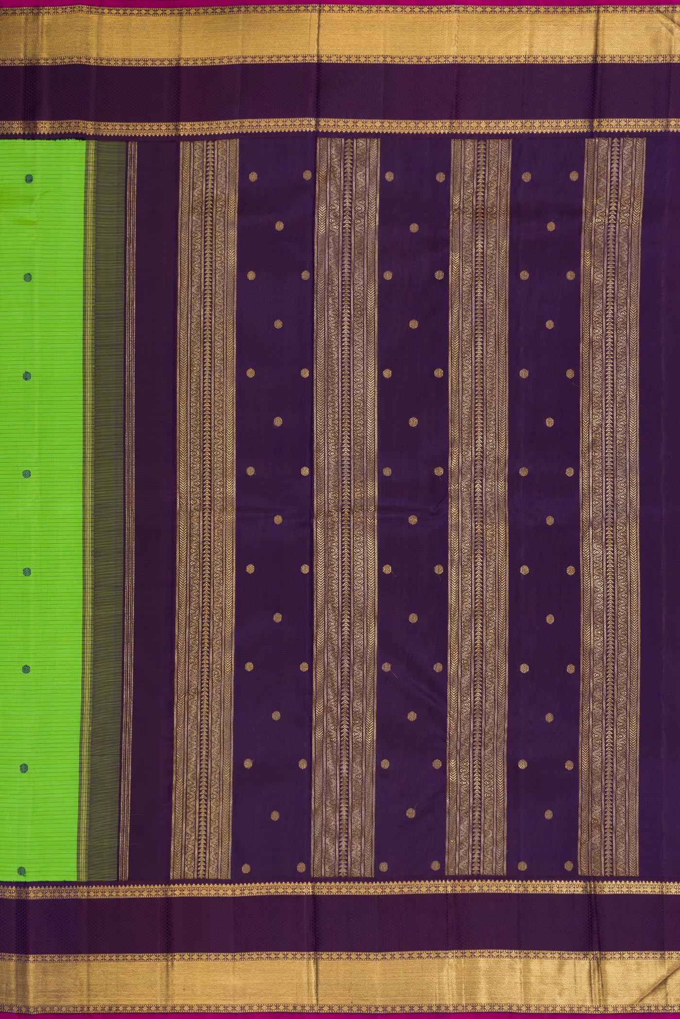 Close up image of the pallu of Pure Silk Pure Zari Parrot Green Dual Tone Kanjivaram Saree with Stripes on the body and Zari And Thread Border. 