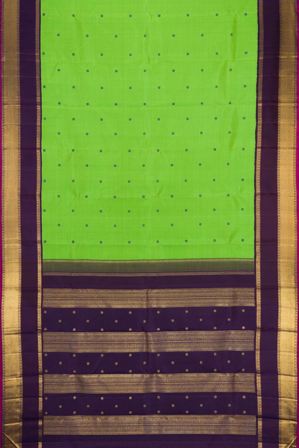 Flat view of Pure Silk Pure Zari Parrot Green Dual Tone Kanjivaram Saree with Stripes on the body and Zari And Thread Border. 