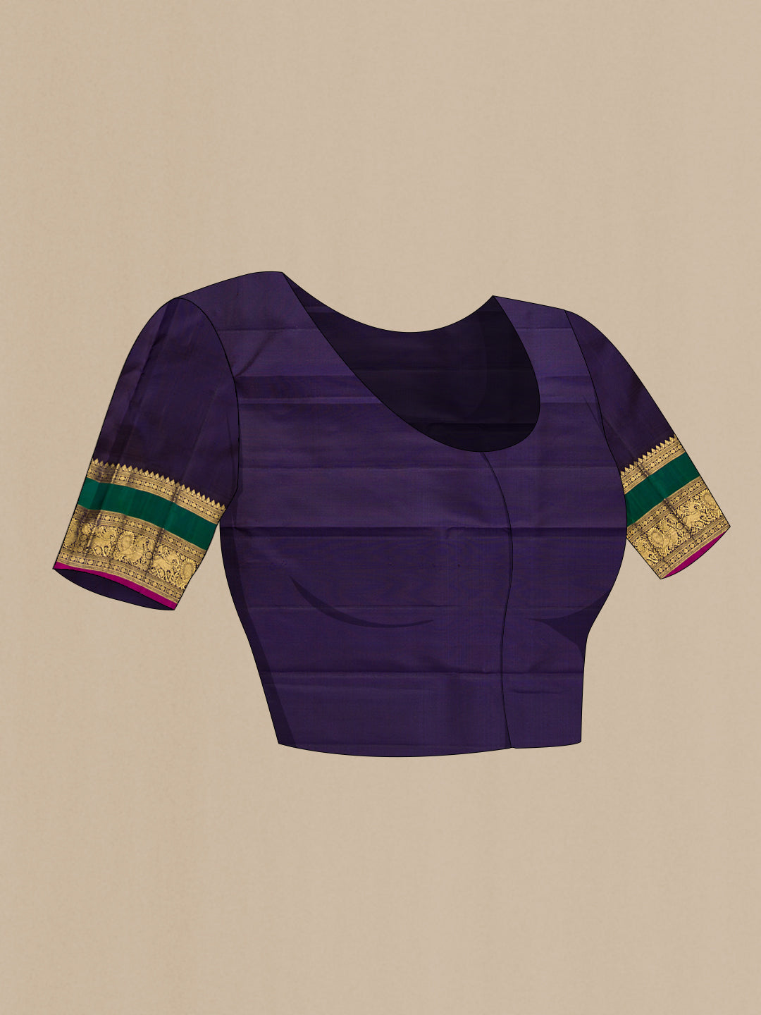 Close up image of the blouse of Pure Silk Pure Zari Grey Dual Tone Kanjivaram Saree with Stripes on the body and Zari Border. 