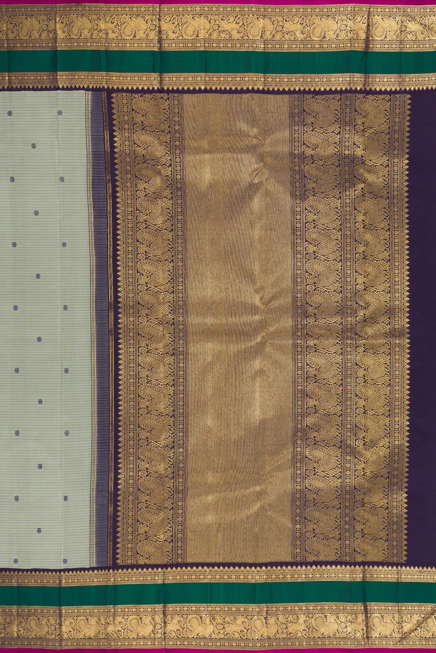 Close up image of the pallu of Pure Silk Pure Zari Grey Dual Tone Kanjivaram Saree with Stripes on the body and Zari Border. 