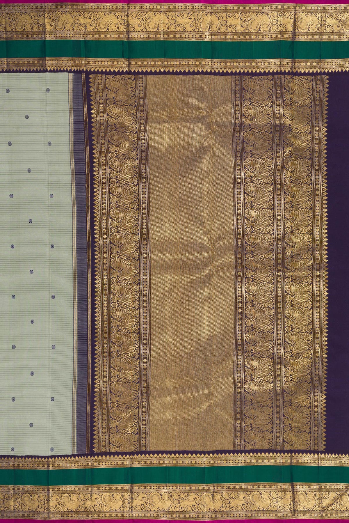 Close up image of the pallu of Pure Silk Pure Zari Grey Dual Tone Kanjivaram Saree with Stripes on the body and Zari Border. 