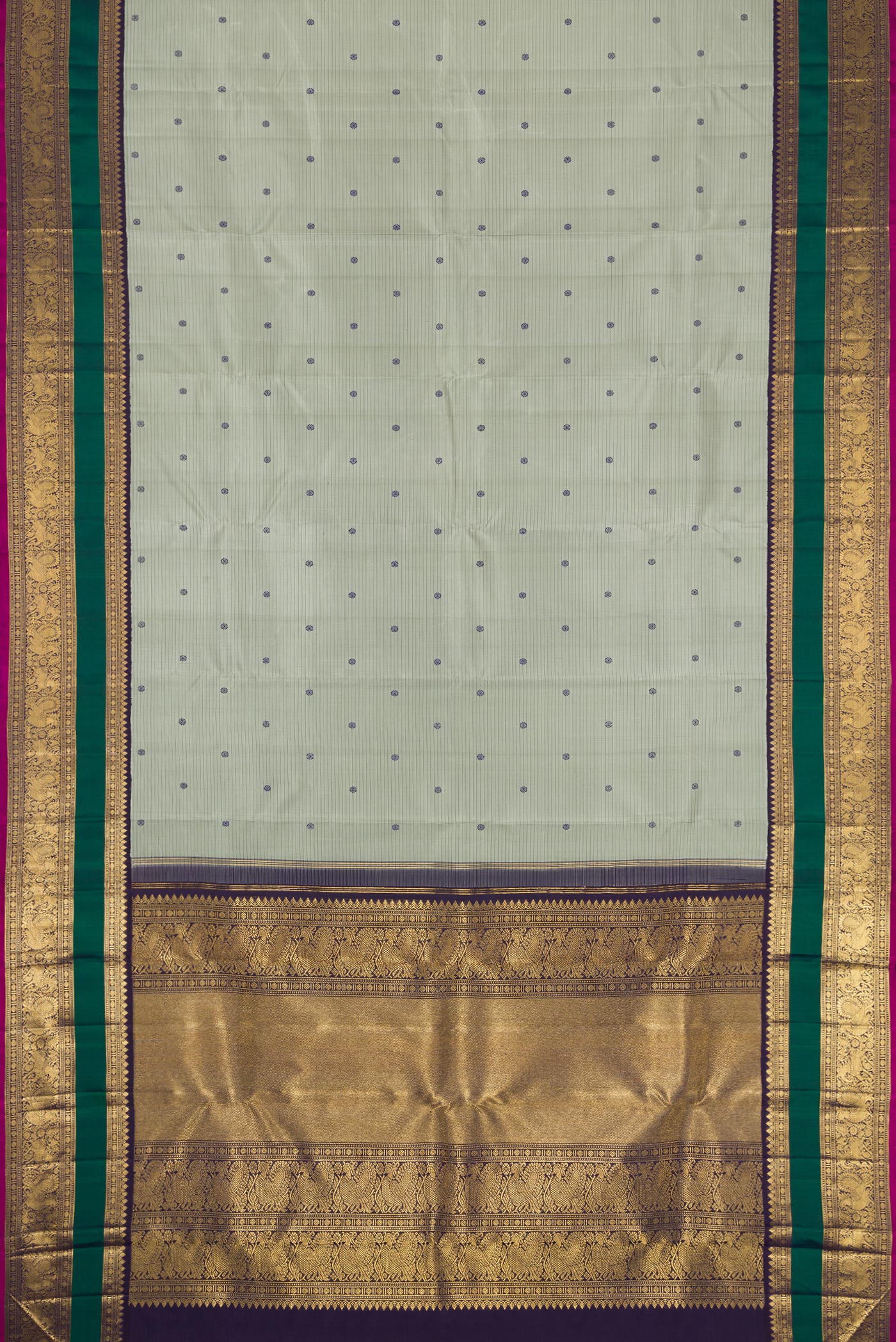 Flat view of Pure Silk Pure Zari Grey Dual Tone Kanjivaram Saree with Stripes on the body and Zari Border. 