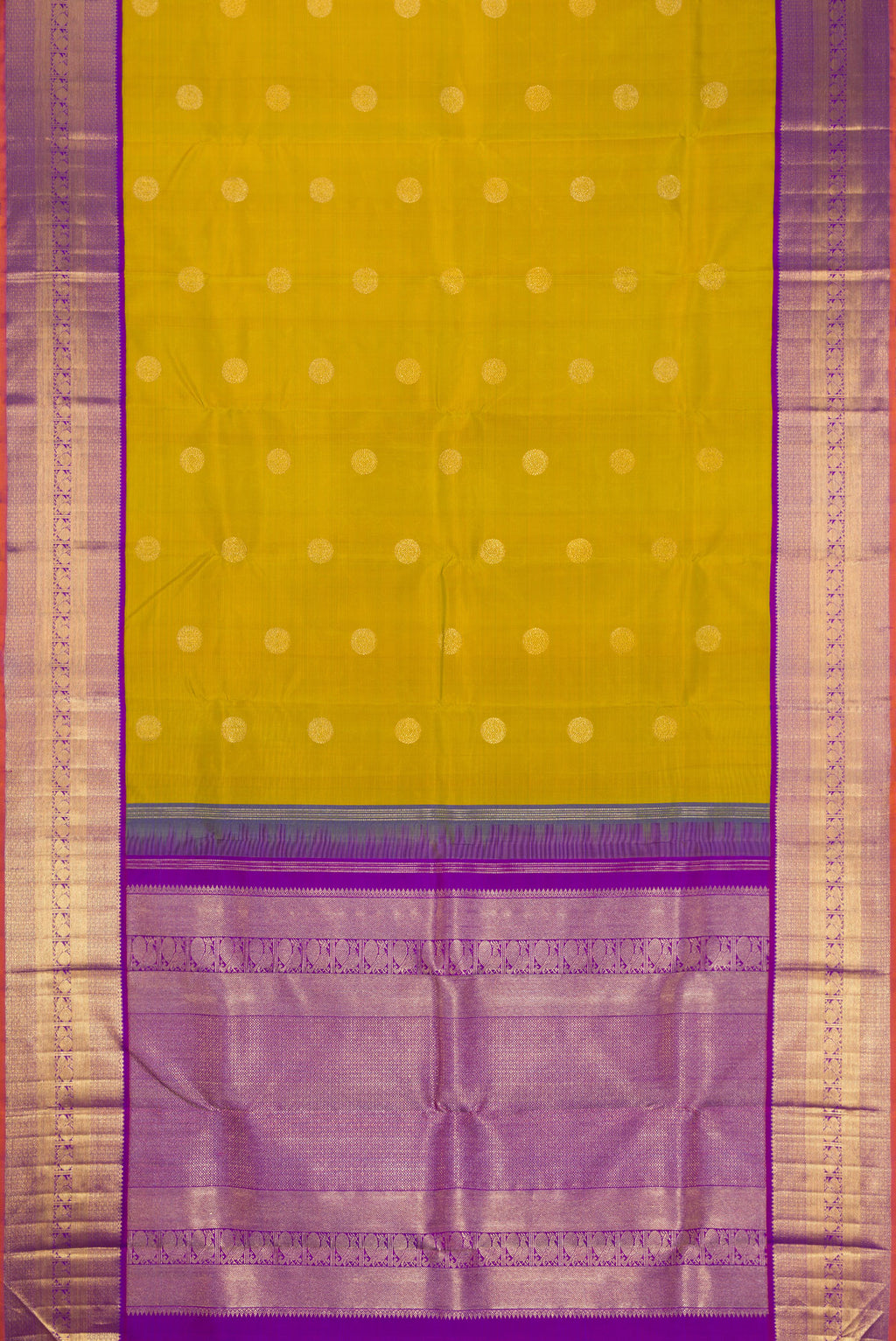 Flat view of Pure Silk Pure Zari Mehandi Green Kanjivaram Saree with Zari Butta on the body and Zari Border. 
