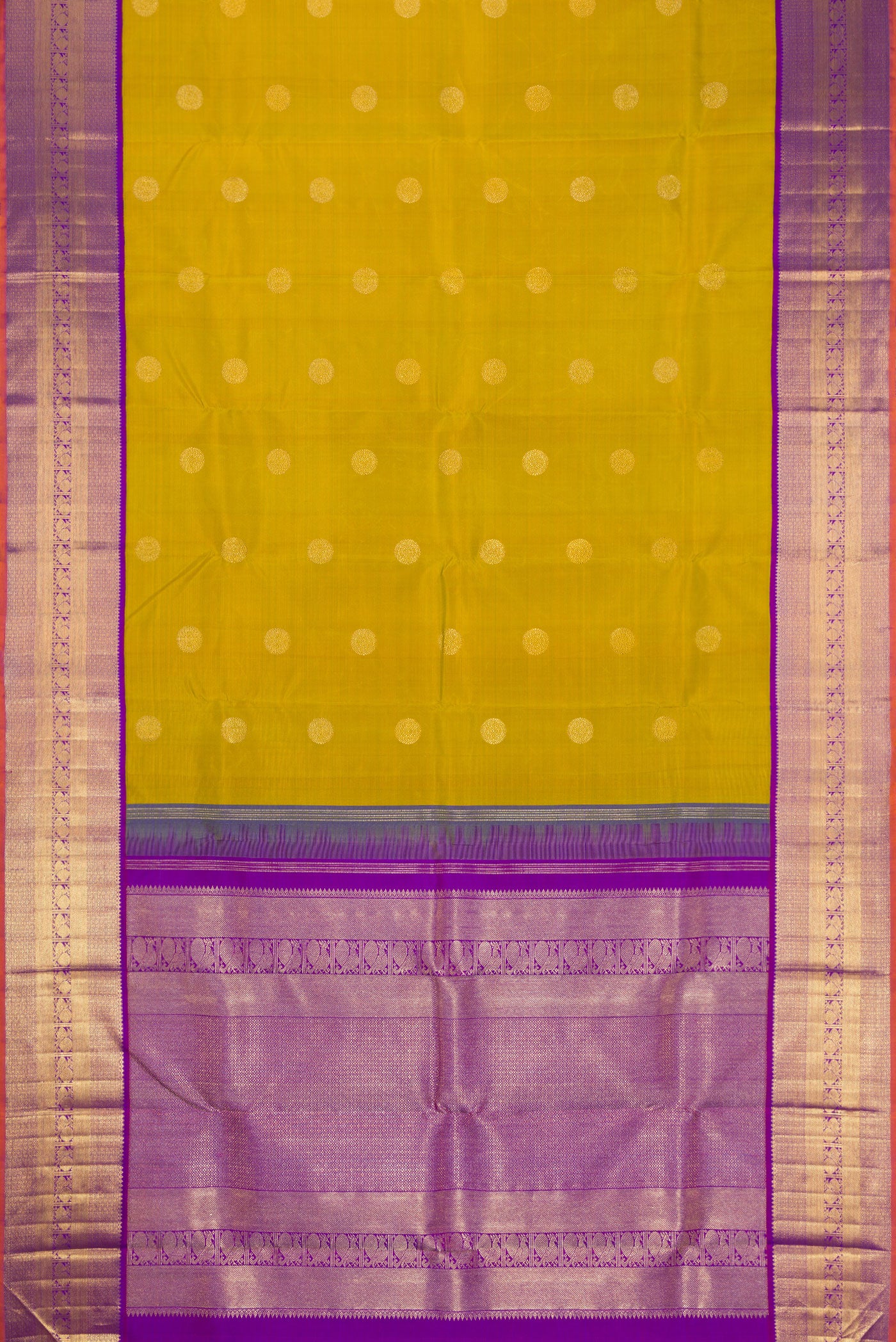 Flat view of Pure Silk Pure Zari Mehandi Green Kanjivaram Saree with Zari Butta on the body and Zari Border. 