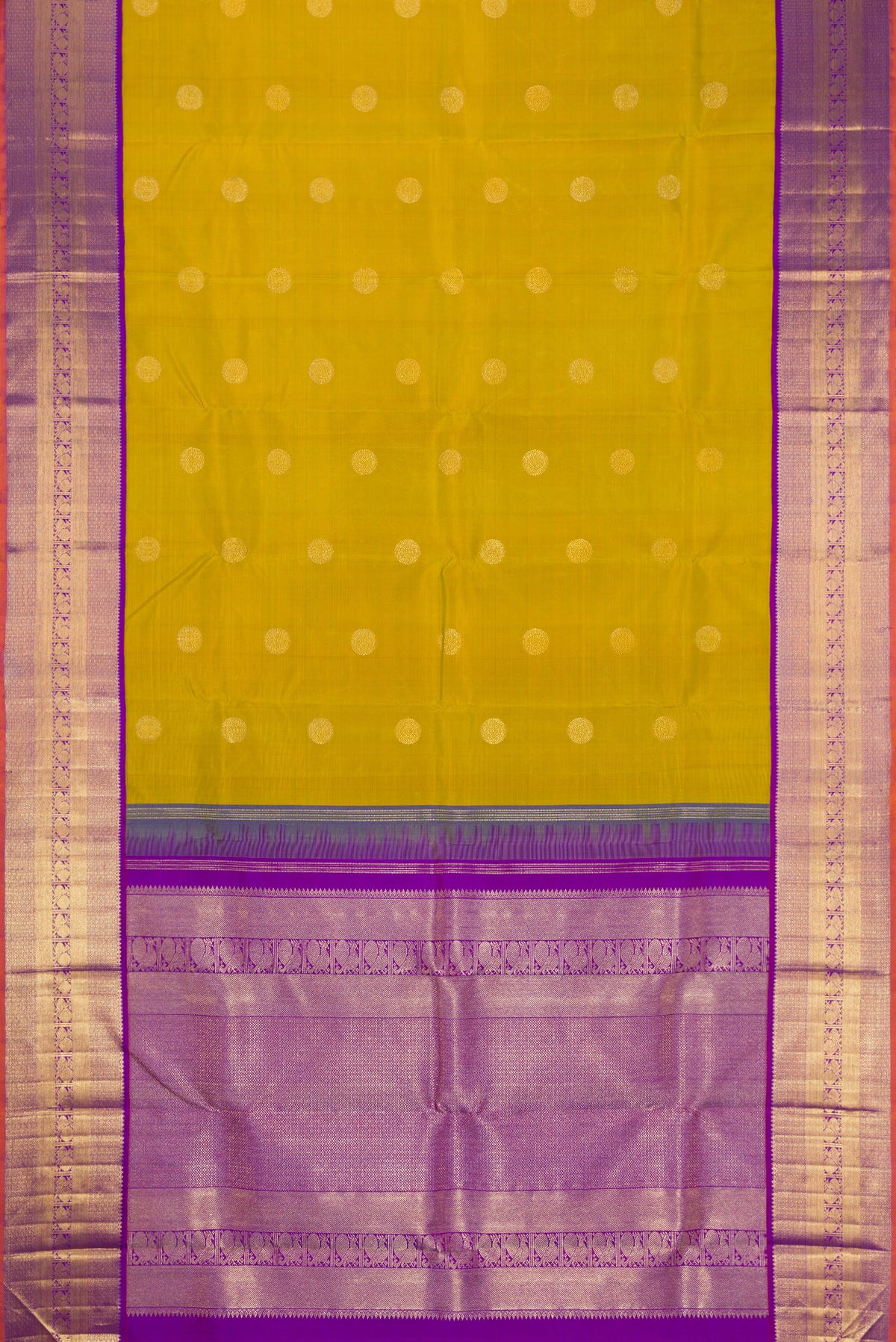 Flat view of Pure Silk Pure Zari Mehandi Green Kanjivaram Saree with Zari Butta on the body and Zari Border. 