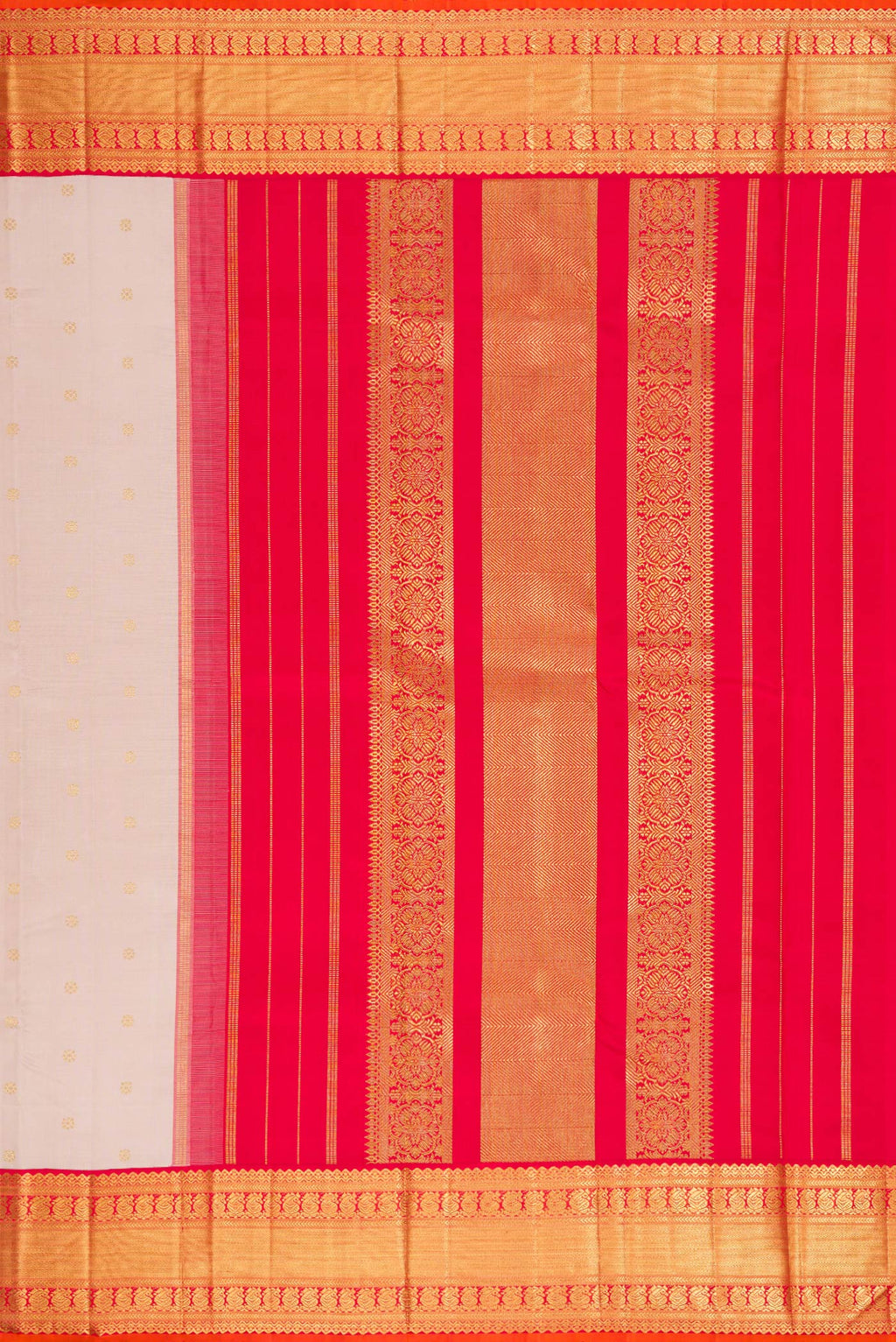 Close up image of the pallu of Pure Silk Pure Zari Rose Gold Dual Tone Kanjivaram Saree with Zari Butta on the body and Zari Border. 