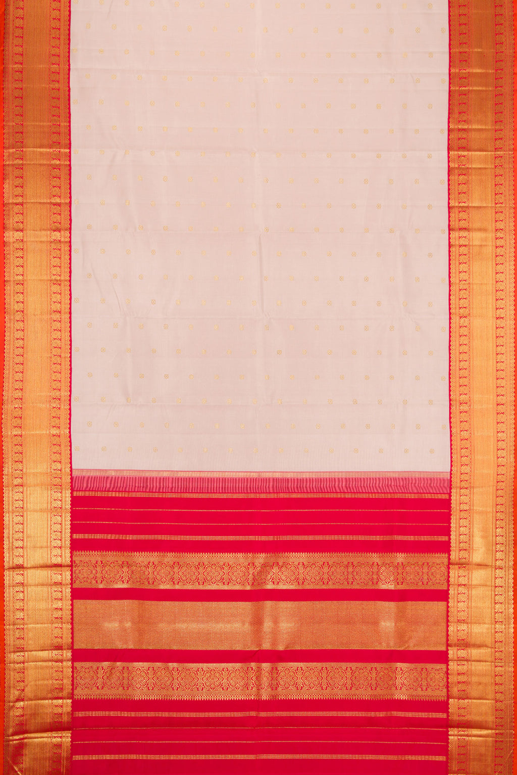 Flat view of Pure Silk Pure Zari Rose Gold Dual Tone Kanjivaram Saree with Zari Butta on the body and Zari Border. 