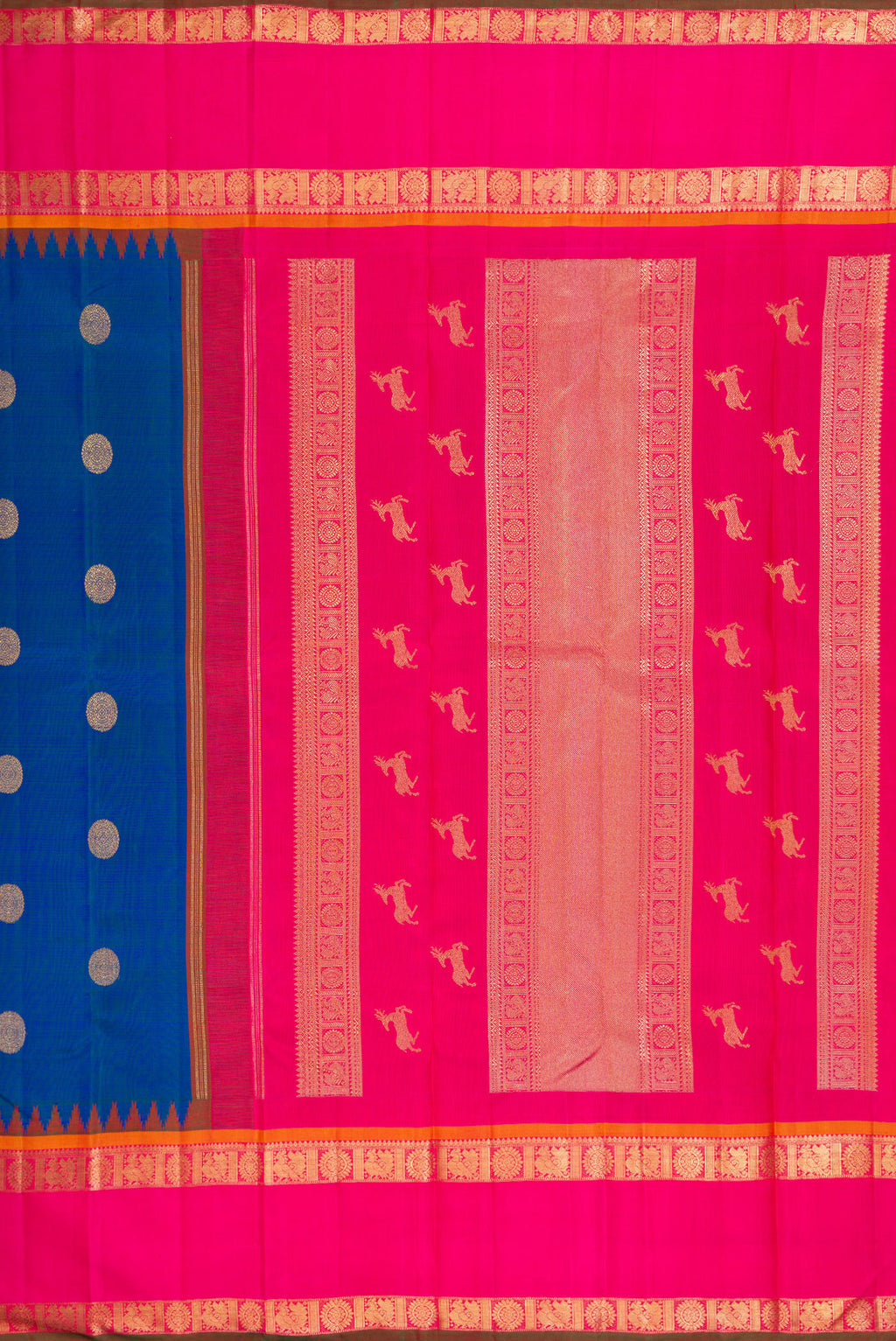 Close up image of the pallu of Pure Silk Pure Zari Peacock Blue Kanjivaram Saree with Zari Butta on the body and Zari Border. 