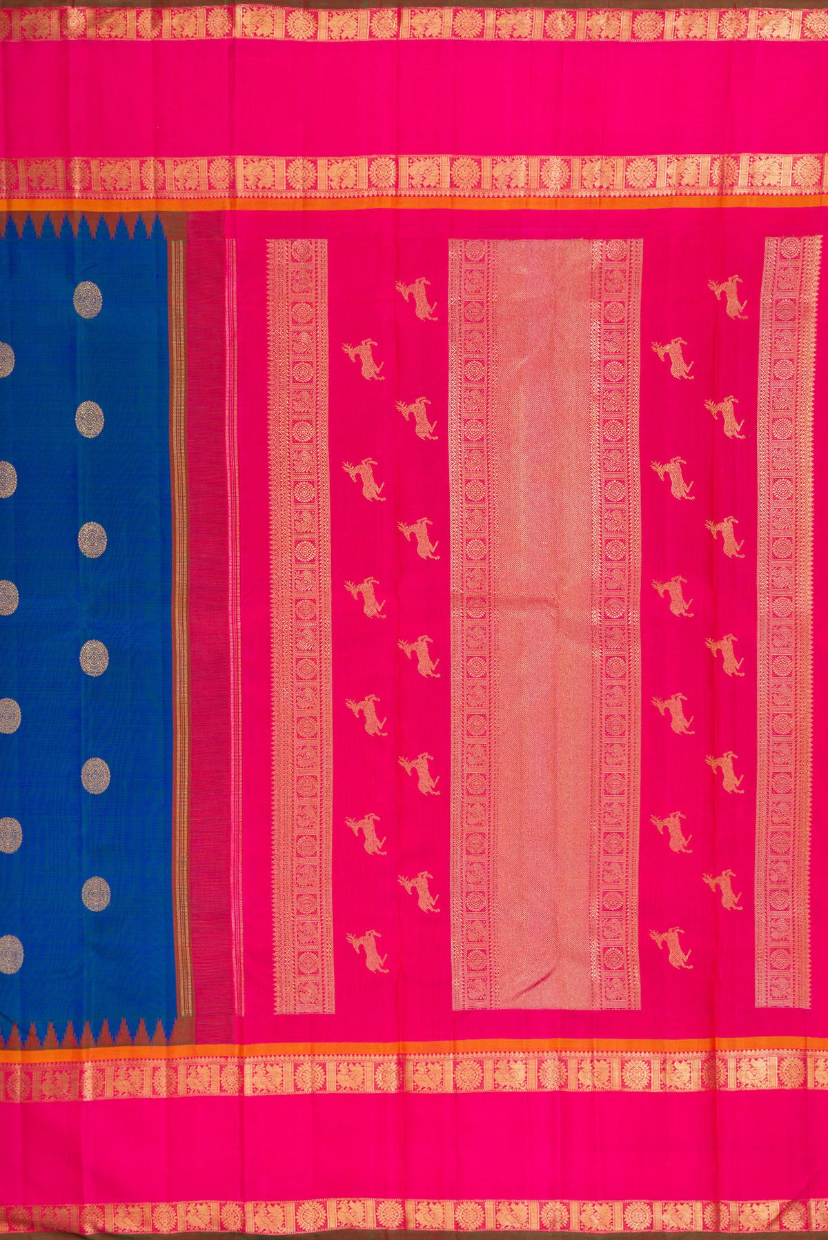 Close up image of the pallu of Pure Silk Pure Zari Peacock Blue Kanjivaram Saree with Zari Butta on the body and Zari Border. 