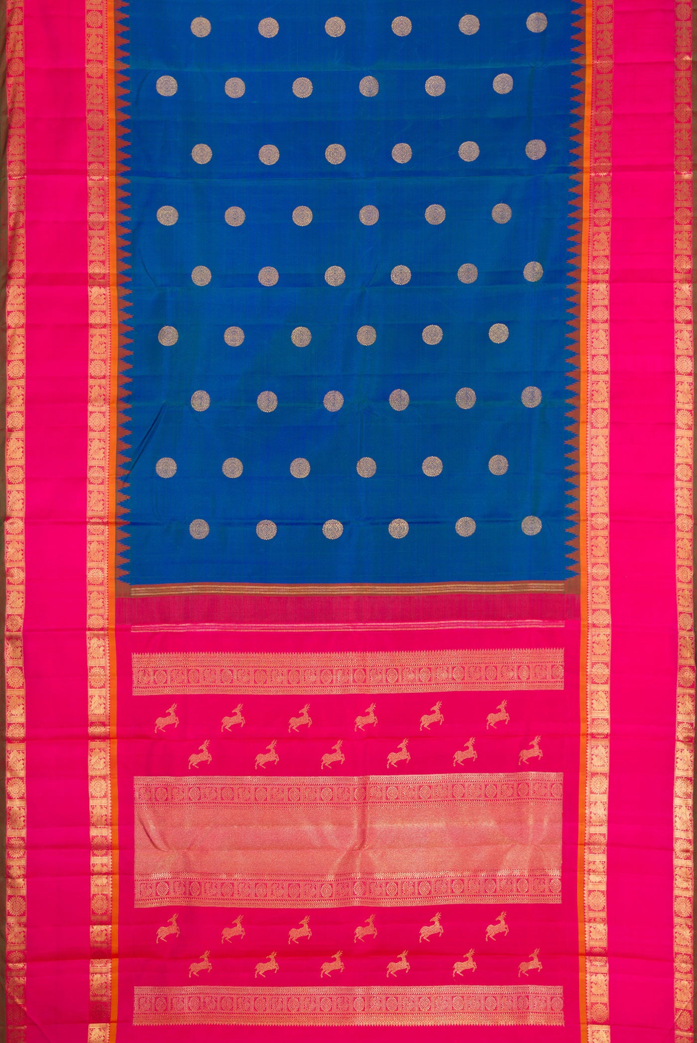 Flat view of Pure Silk Pure Zari Peacock Blue Kanjivaram Saree with Zari Butta on the body and Zari Border. 