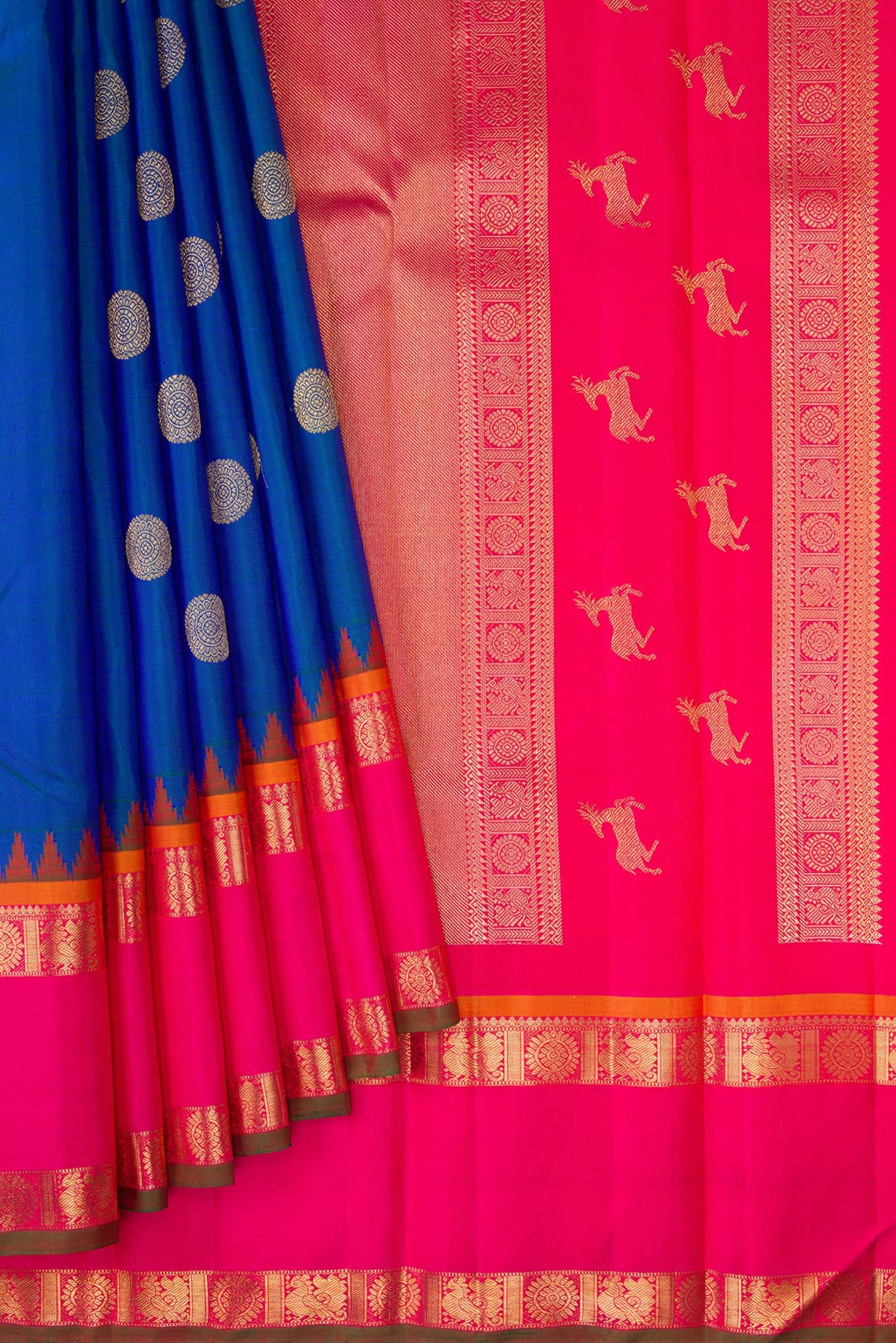 Pleats and pallu of Pure Silk Pure Zari Peacock Blue Kanjivaram Saree with Zari Butta on the body and Zari Border. 