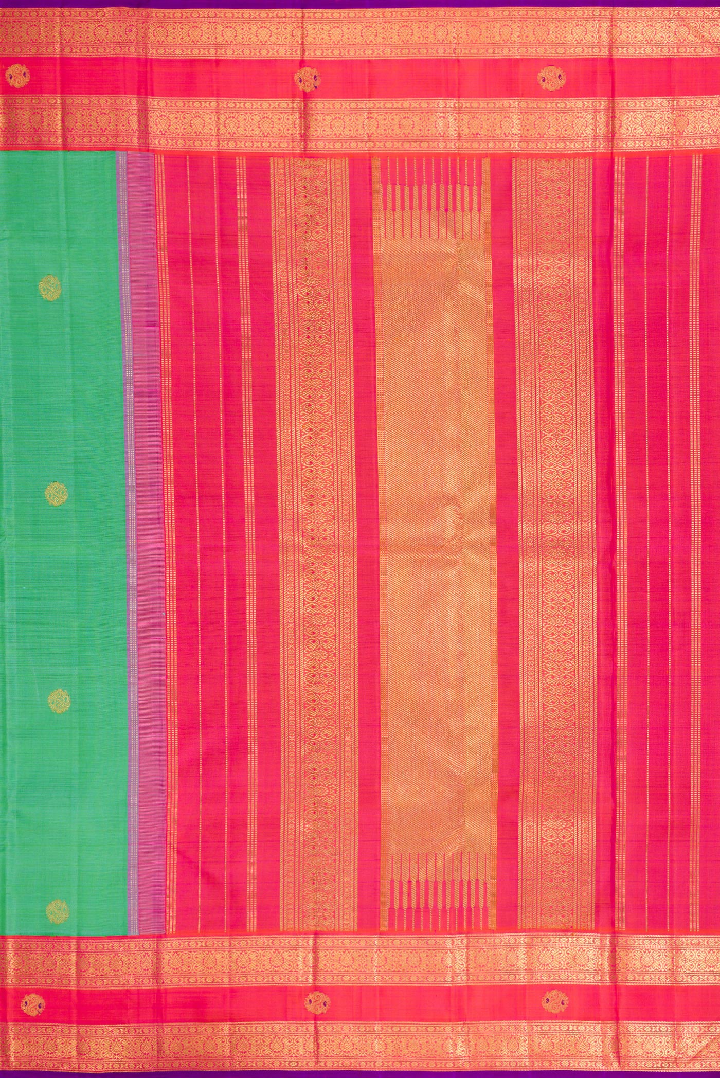 Close up image of the pallu of Pure Silk Pure Zari Sea Green Dual Tone Kanjivaram Saree with Zari Butta on the body and Fancy Border. 