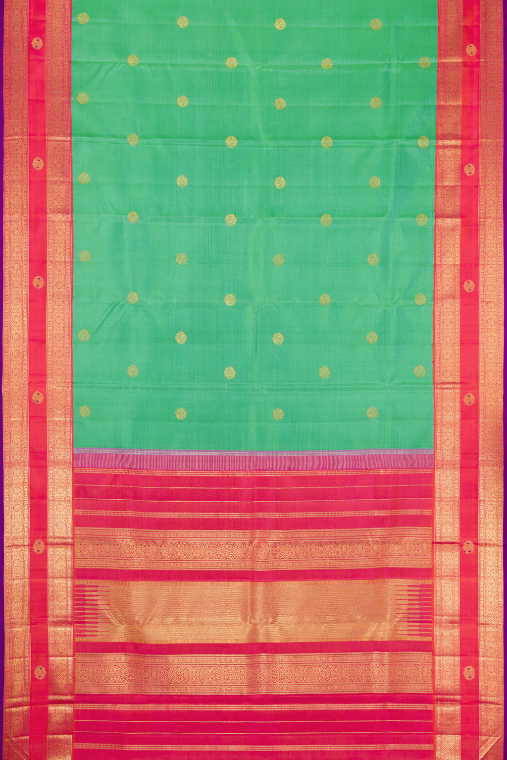 Flat view of Pure Silk Pure Zari Sea Green Dual Tone Kanjivaram Saree with Zari Butta on the body and Fancy Border. 