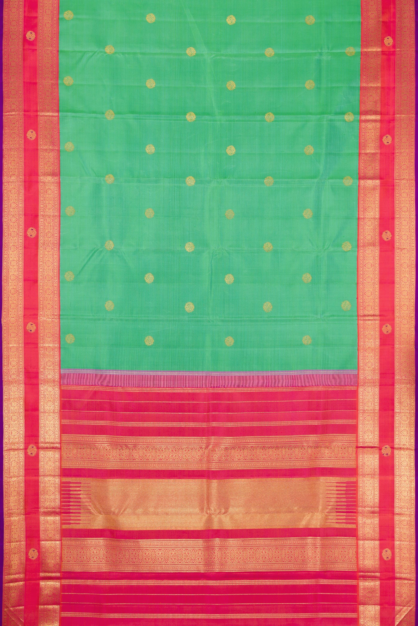 Flat view of Pure Silk Pure Zari Sea Green Dual Tone Kanjivaram Saree with Zari Butta on the body and Fancy Border. 