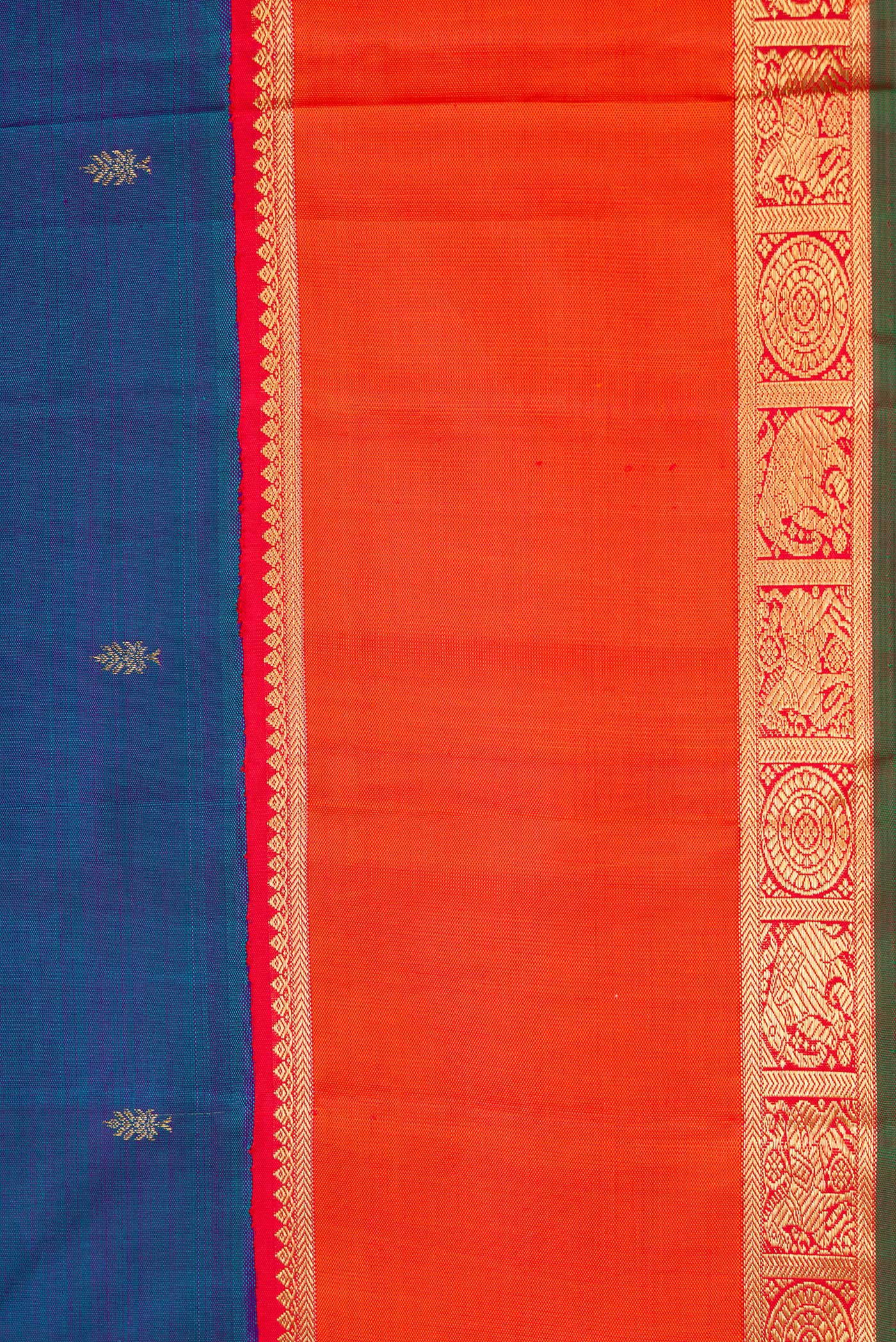 Border image of Pure Silk Pure Zari Peacock Blue Dual Tone Kanjivaram Saree with Zari Butta on the body and Zari Border. 