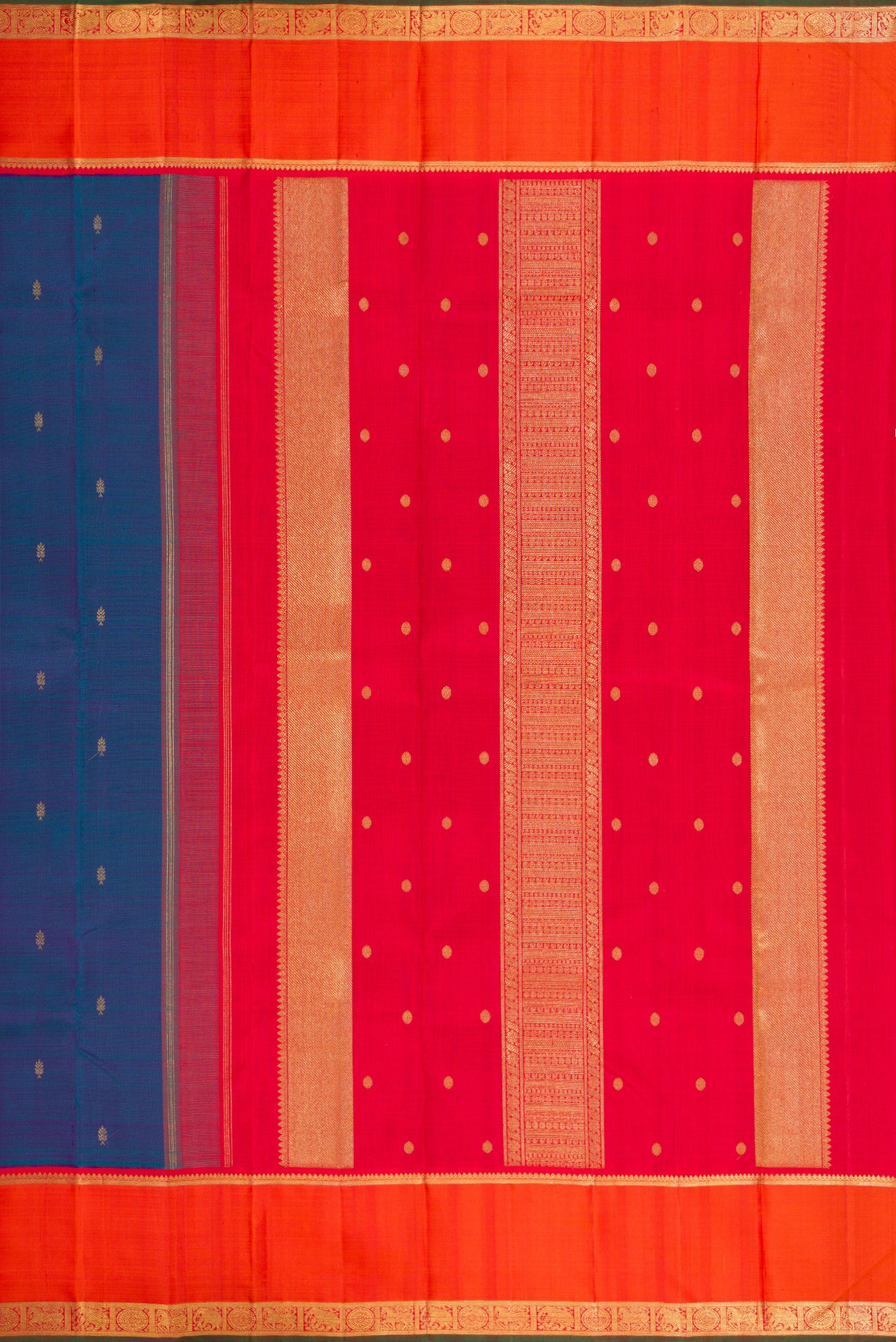 Close up image of the pallu of Pure Silk Pure Zari Peacock Blue Dual Tone Kanjivaram Saree with Zari Butta on the body and Zari Border. 