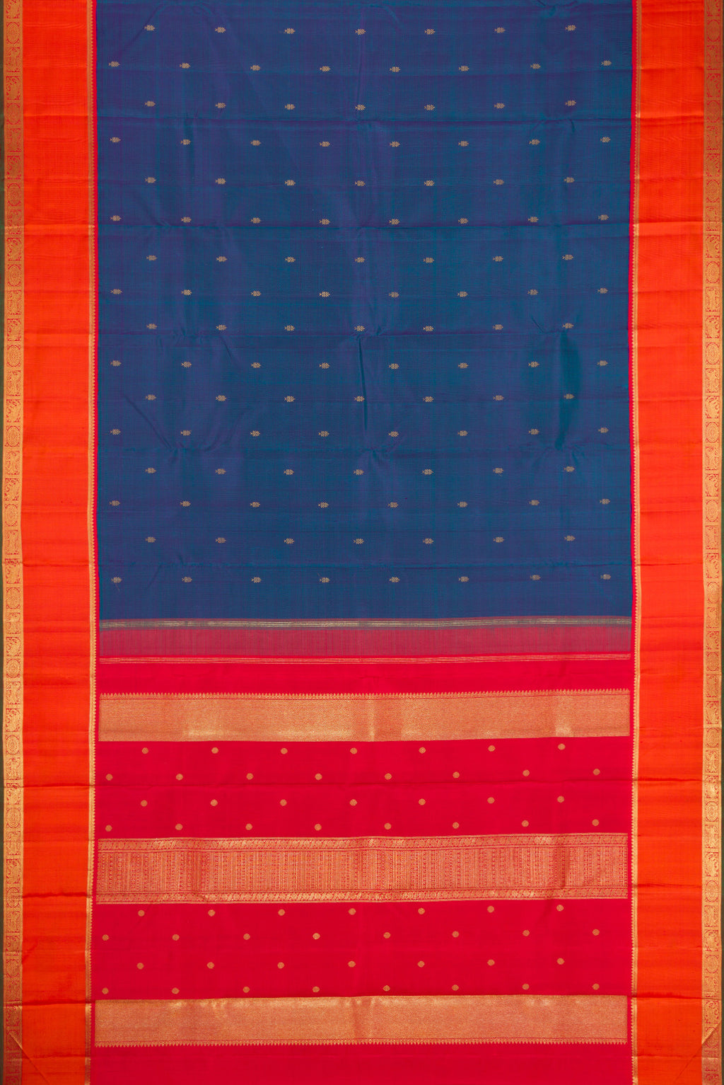 Flat view of Pure Silk Pure Zari Peacock Blue Dual Tone Kanjivaram Saree with Zari Butta on the body and Zari Border. 