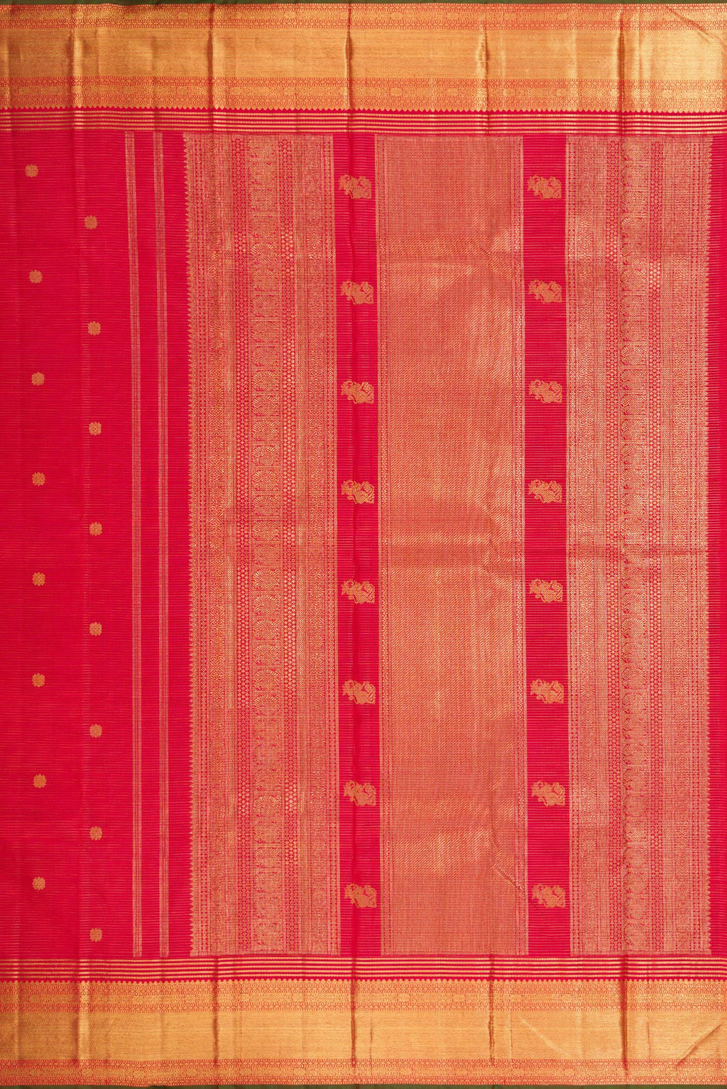Close up image of the pallu of Pure Silk Pure Zari Red Dual Tone Kanjivaram Saree with Stripes on the body and Zari Border. 