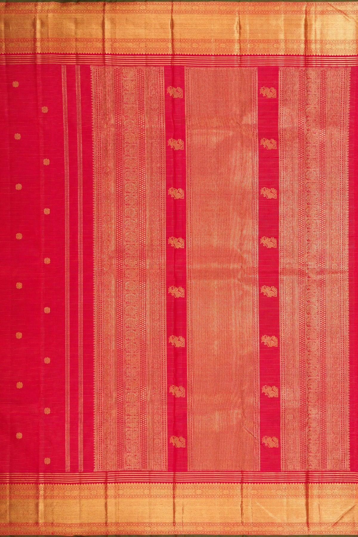 Close up image of the pallu of Pure Silk Pure Zari Red Dual Tone Kanjivaram Saree with Stripes on the body and Zari Border. 