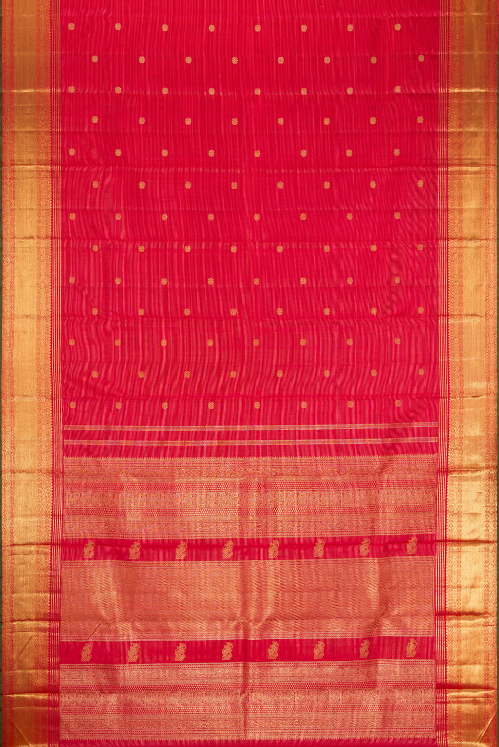 Flat view of Pure Silk Pure Zari Red Dual Tone Kanjivaram Saree with Stripes on the body and Zari Border. 
