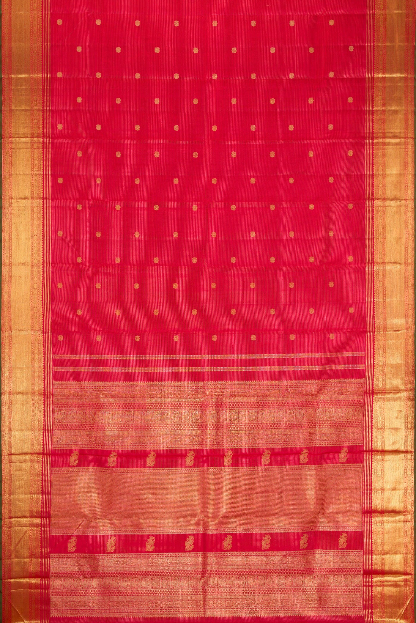 Flat view of Pure Silk Pure Zari Red Dual Tone Kanjivaram Saree with Stripes on the body and Zari Border. 