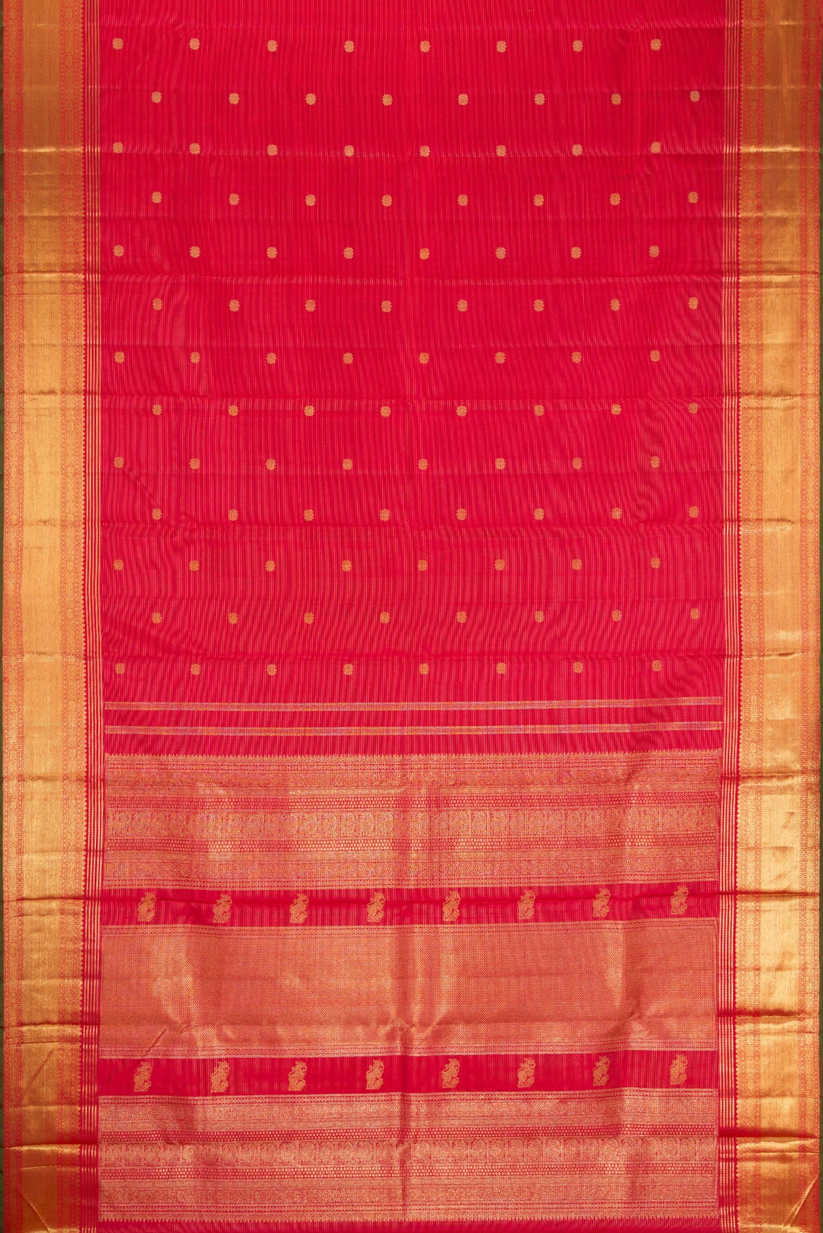 Flat view of Pure Silk Pure Zari Red Dual Tone Kanjivaram Saree with Stripes on the body and Zari Border. 