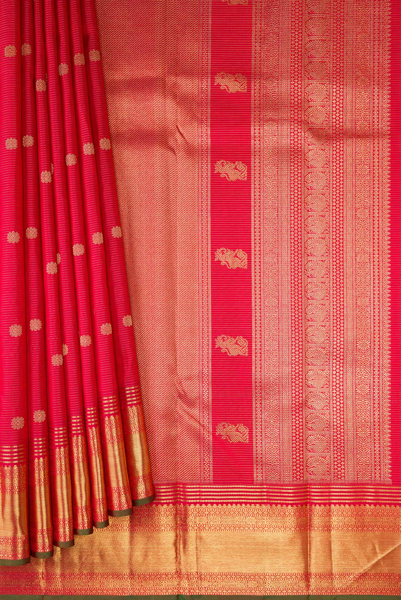 Pleats and pallu of Pure Silk Pure Zari Red Dual Tone Kanjivaram Saree with Stripes on the body and Zari Border. 