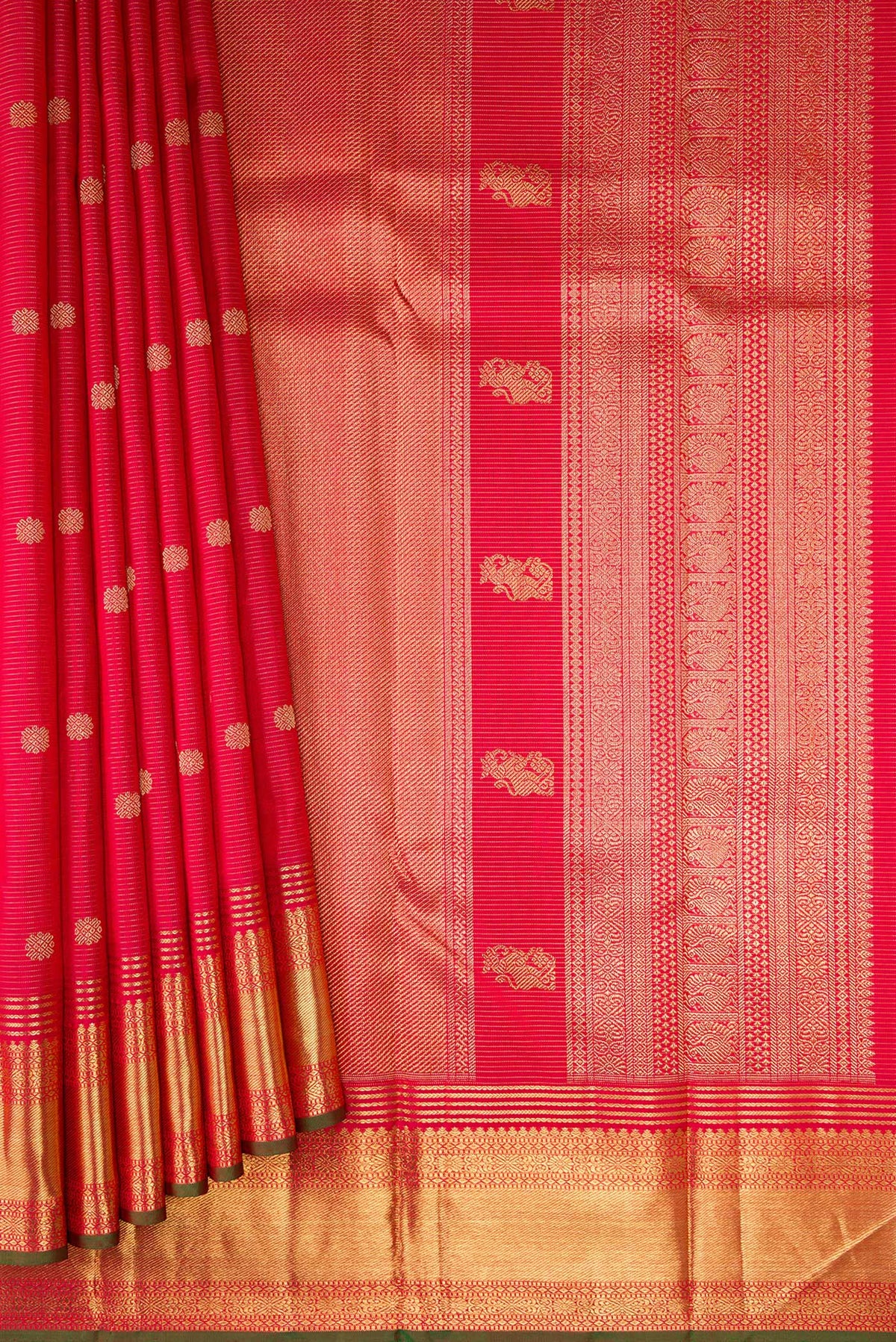 Pleats and pallu of Pure Silk Pure Zari Red Dual Tone Kanjivaram Saree with Stripes on the body and Zari Border. 