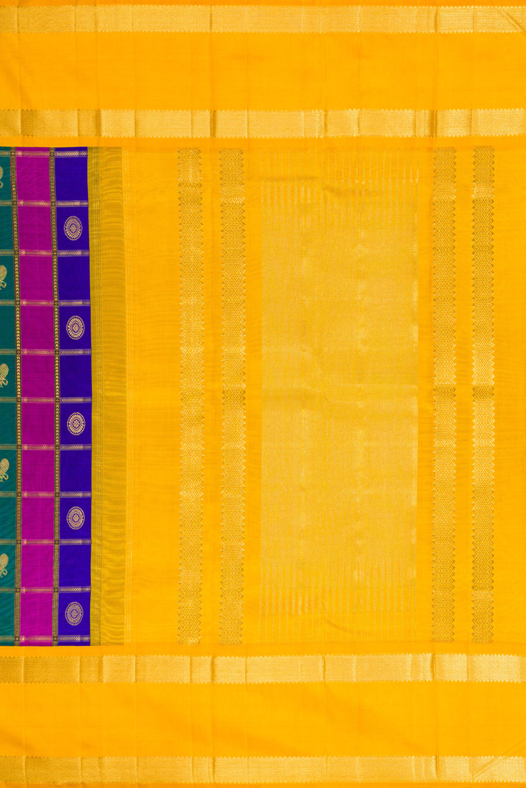 Close up image of the pallu of Pure Silk Pure Zari Green, Royal Blue and Maroon Color Kanjivaram Saree with Checked design on the body and Zari Border. 