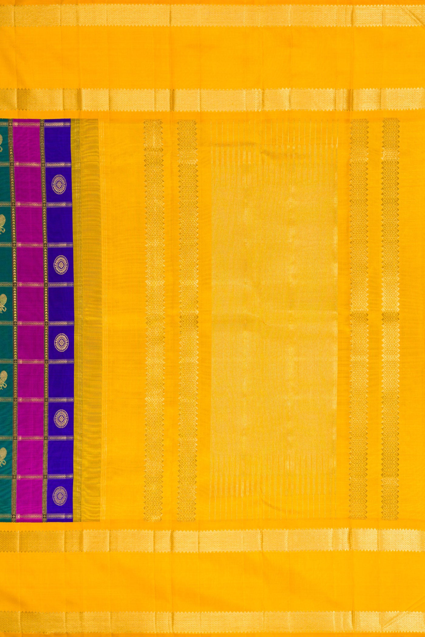 Close up image of the pallu of Pure Silk Pure Zari Green, Royal Blue and Maroon Color Kanjivaram Saree with Checked design on the body and Zari Border. 
