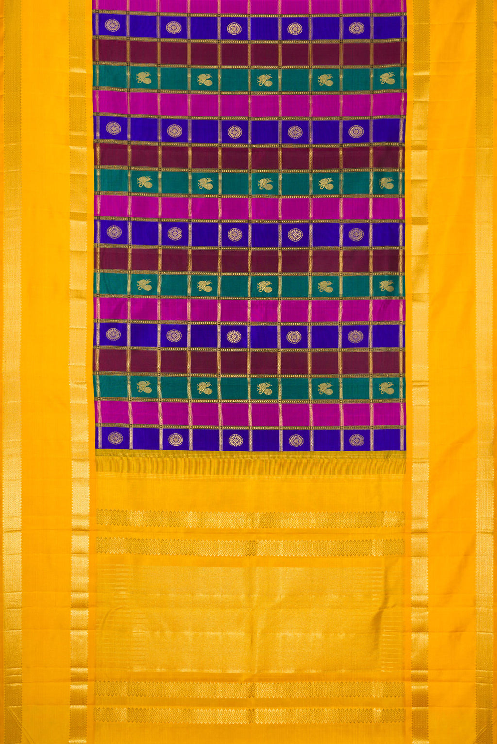 Flat view of Pure Silk Pure Zari Green, Royal Blue and Maroon Color Kanjivaram Saree with Checked design on the body and Zari Border. 