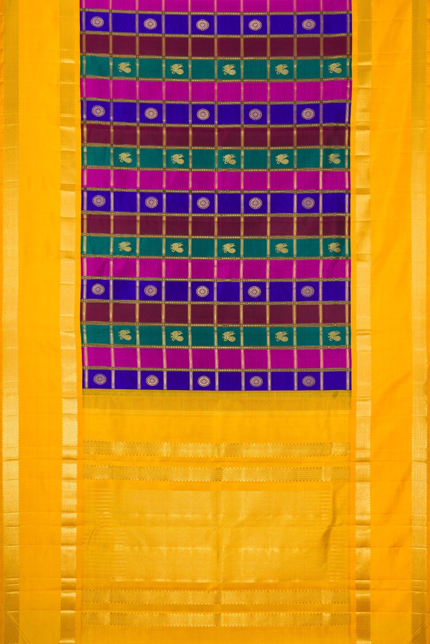 Flat view of Pure Silk Pure Zari Green, Royal Blue and Maroon Color Kanjivaram Saree with Checked design on the body and Zari Border. 