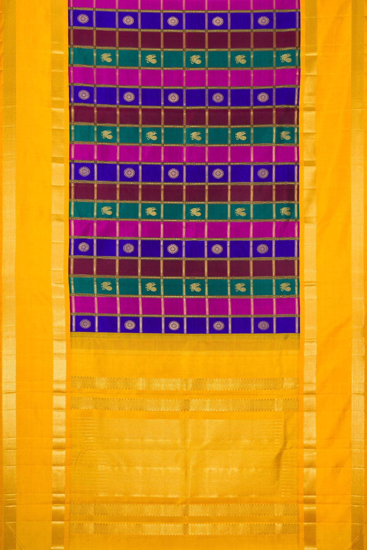 Flat view of Pure Silk Pure Zari Green, Royal Blue and Maroon Color Kanjivaram Saree with Checked design on the body and Zari Border. 