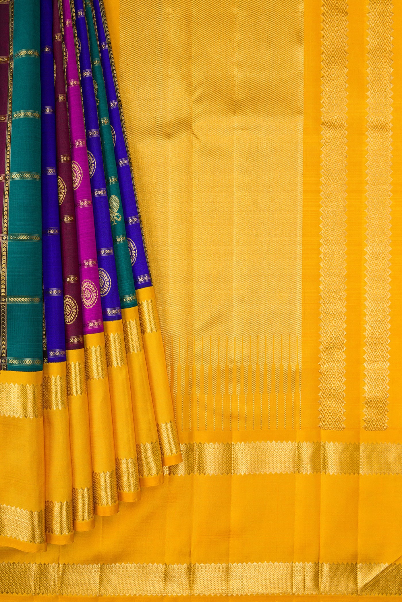 Pleats and pallu of Pure Silk Pure Zari Green, Royal Blue and Maroon Color Kanjivaram Saree with Checked design on the body and Zari Border. 