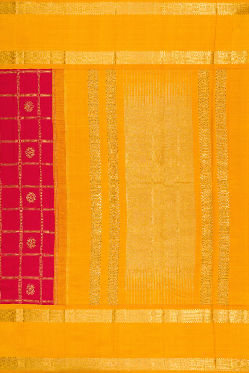 Close up image of the pallu of Pure Silk Pure Zari Red Kanjivaram Saree with Checked design on the body and Fancy Border. 