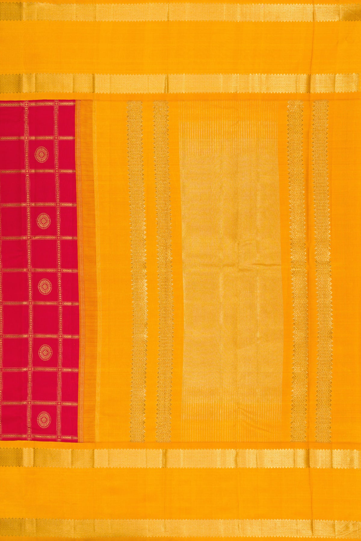 Close up image of the pallu of Pure Silk Pure Zari Red Kanjivaram Saree with Checked design on the body and Fancy Border. 