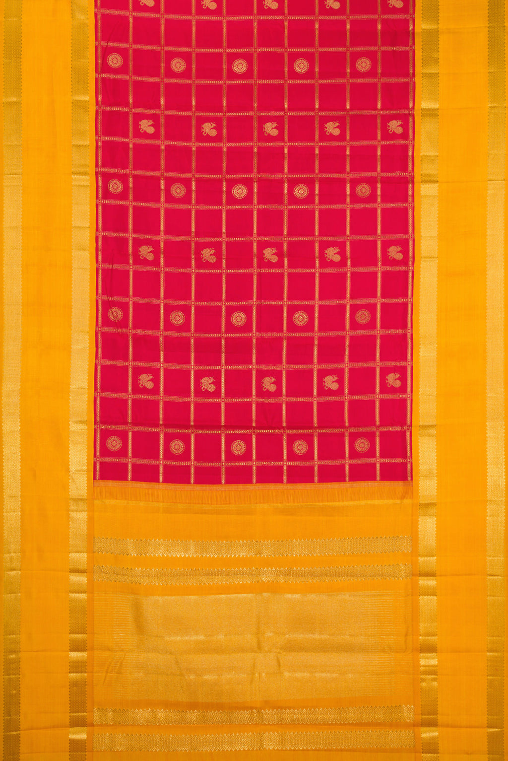 Flat view of Pure Silk Pure Zari Red Kanjivaram Saree with Checked design on the body and Fancy Border. 