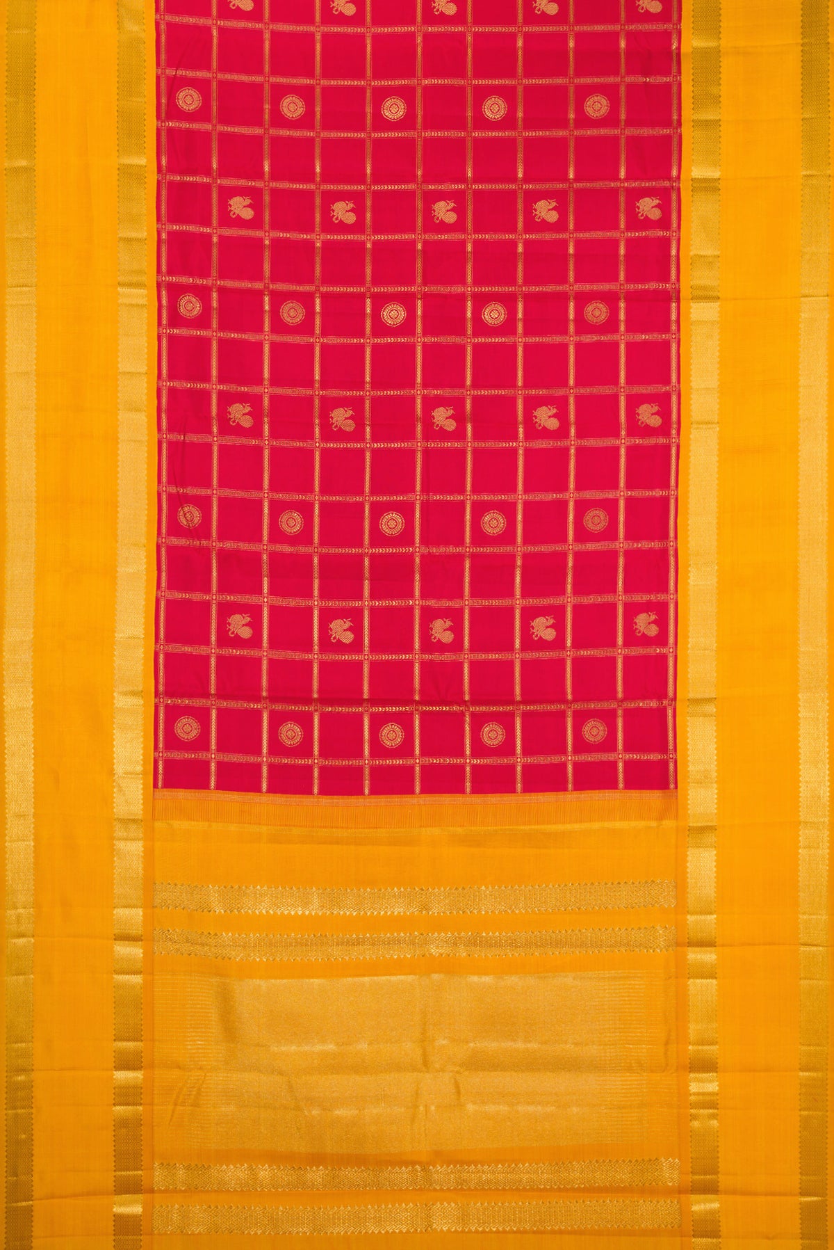 Flat view of Pure Silk Pure Zari Red Kanjivaram Saree with Checked design on the body and Fancy Border. 