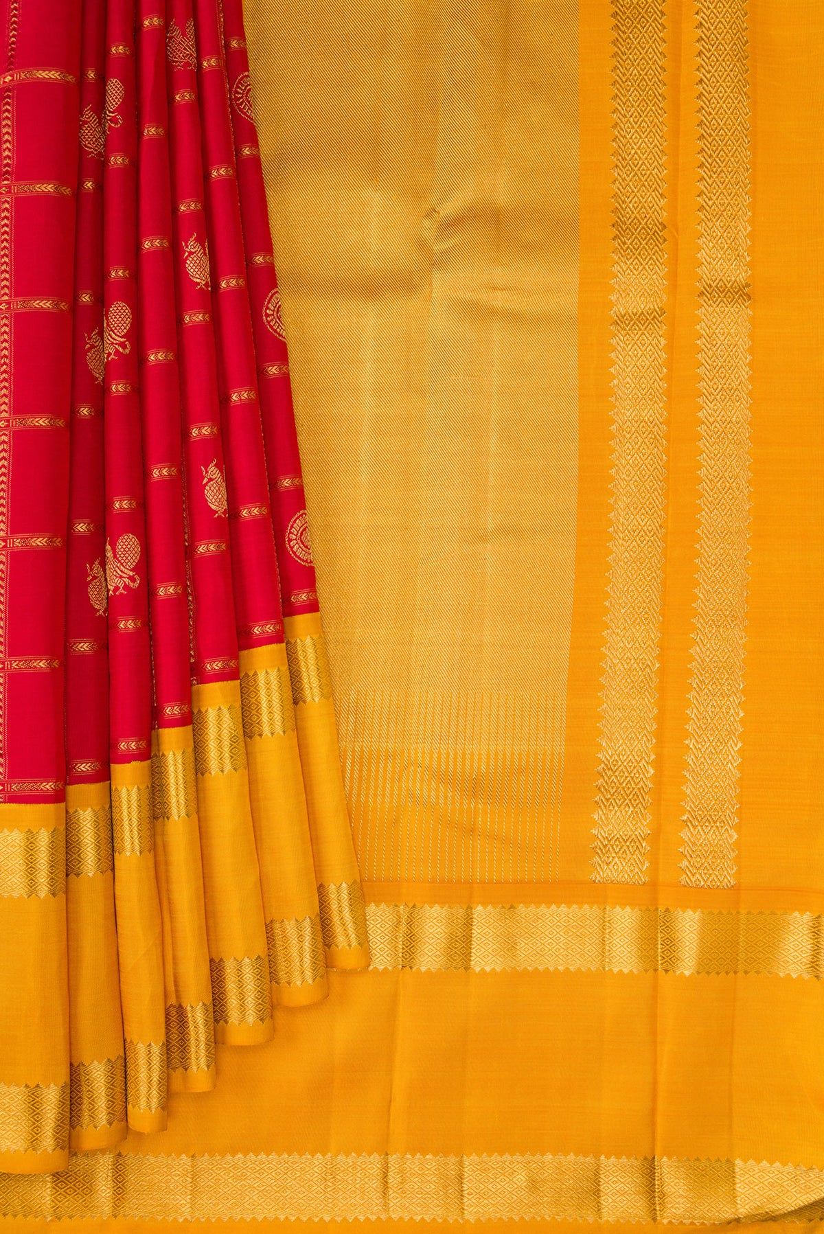 Pleats and pallu of Pure Silk Pure Zari Red Kanjivaram Saree with Checked design on the body and Fancy Border. 