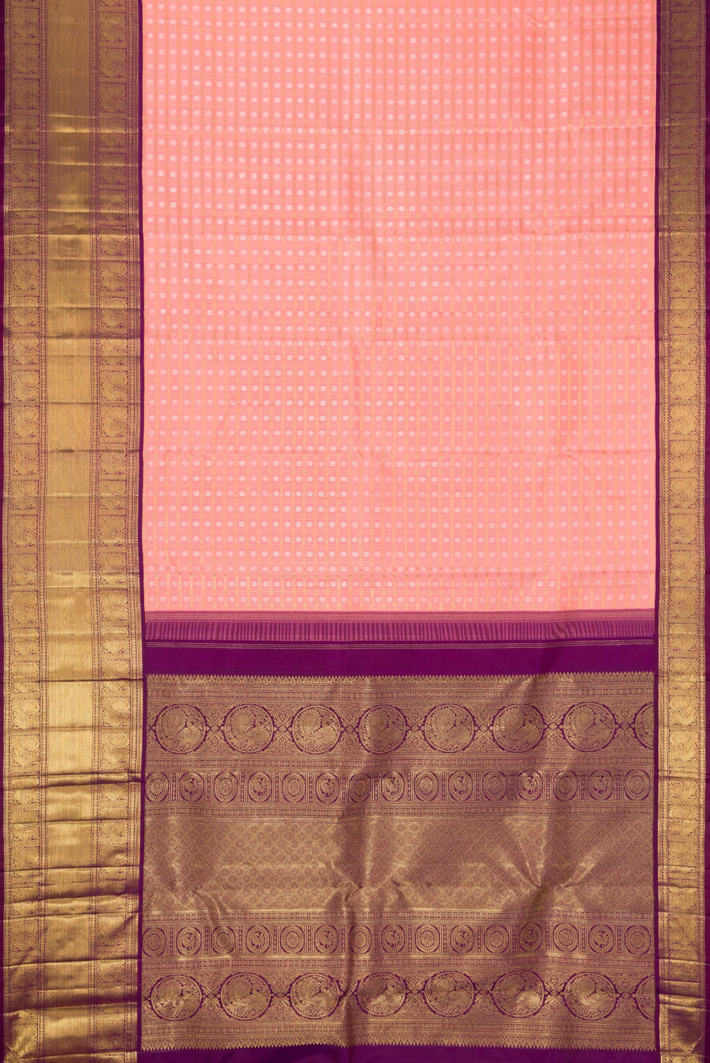 Flat view of Pure Silk Pure Zari Pink Dual Tone Kanjivaram Saree with Zari Brocade on the body and Zari Border. 