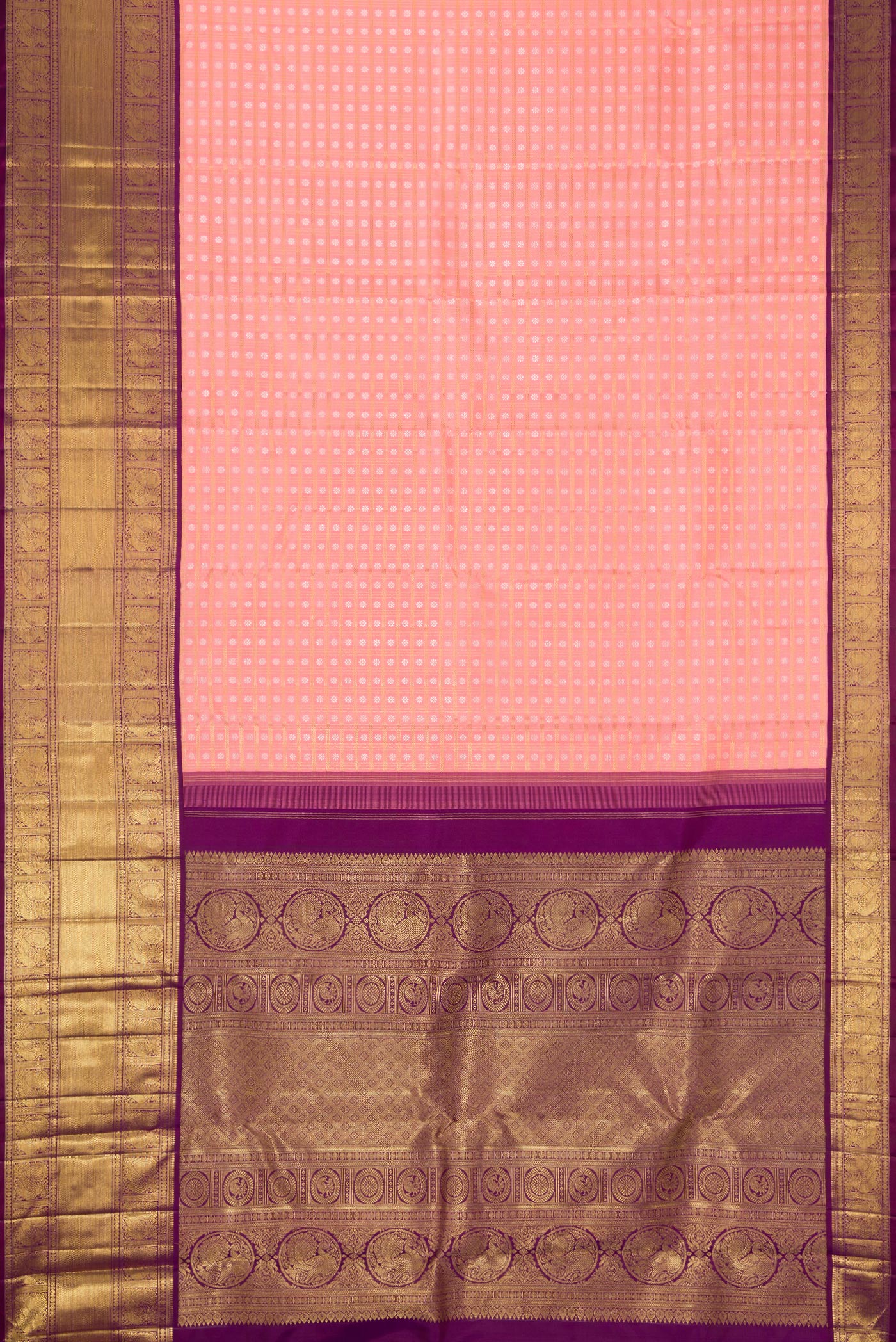 Flat view of Pure Silk Pure Zari Pink Dual Tone Kanjivaram Saree with Zari Brocade on the body and Zari Border. 