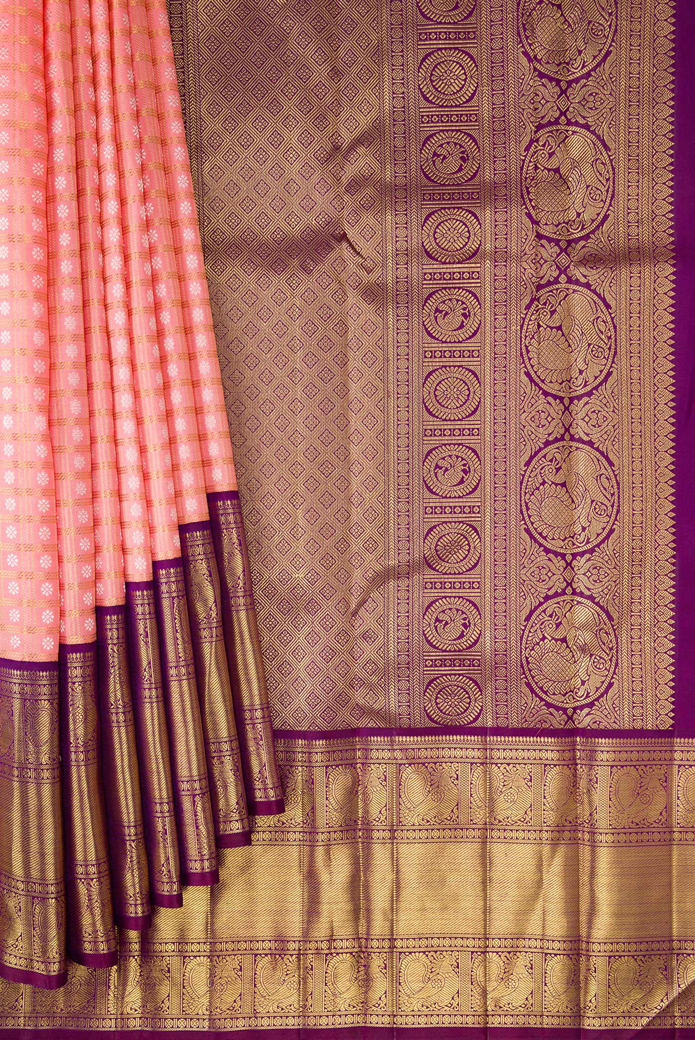 Pleats and pallu of Pure Silk Pure Zari Pink Dual Tone Kanjivaram Saree with Zari Brocade on the body and Zari Border. 