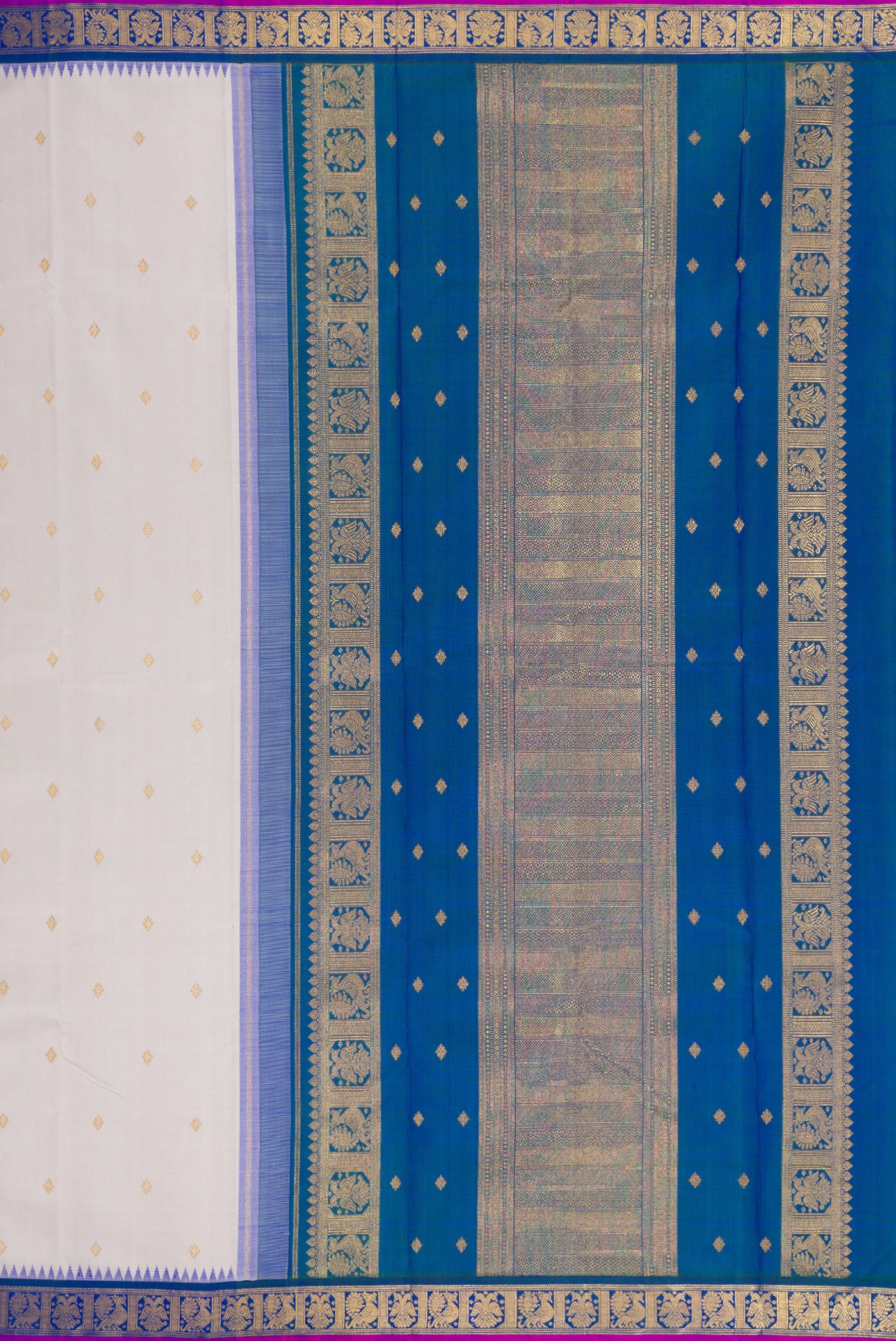 Close up image of the pallu of Pure Silk Pure Zari Grey Kanjivaram Saree with Zari Butta on the body and Zari Border. 