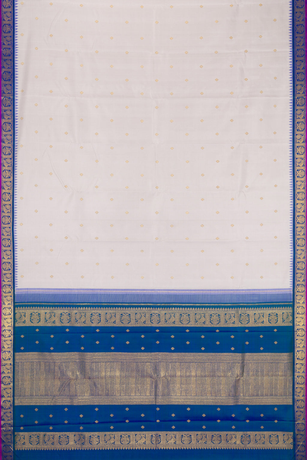 Flat view of Pure Silk Pure Zari Grey Kanjivaram Saree with Zari Butta on the body and Zari Border. 