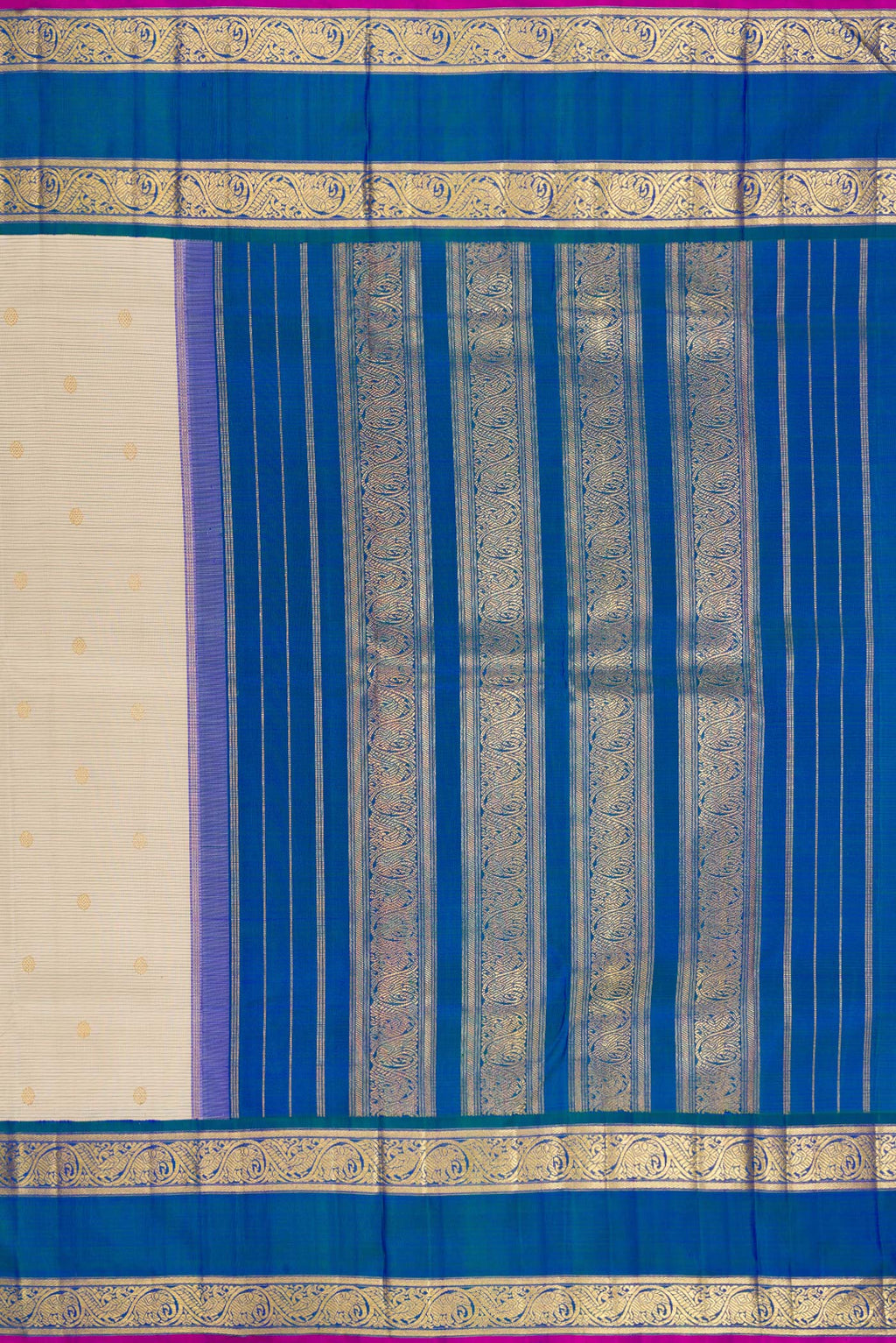 Close up image of the pallu of Pure Silk Pure Zari Cream Kanjivaram Saree with Zari Butta on the body and Zari Border. 