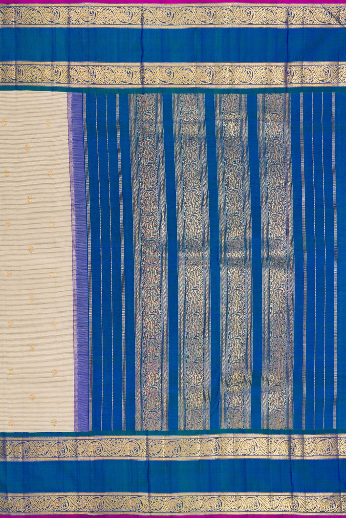 Close up image of the pallu of Pure Silk Pure Zari Cream Kanjivaram Saree with Zari Butta on the body and Zari Border. 